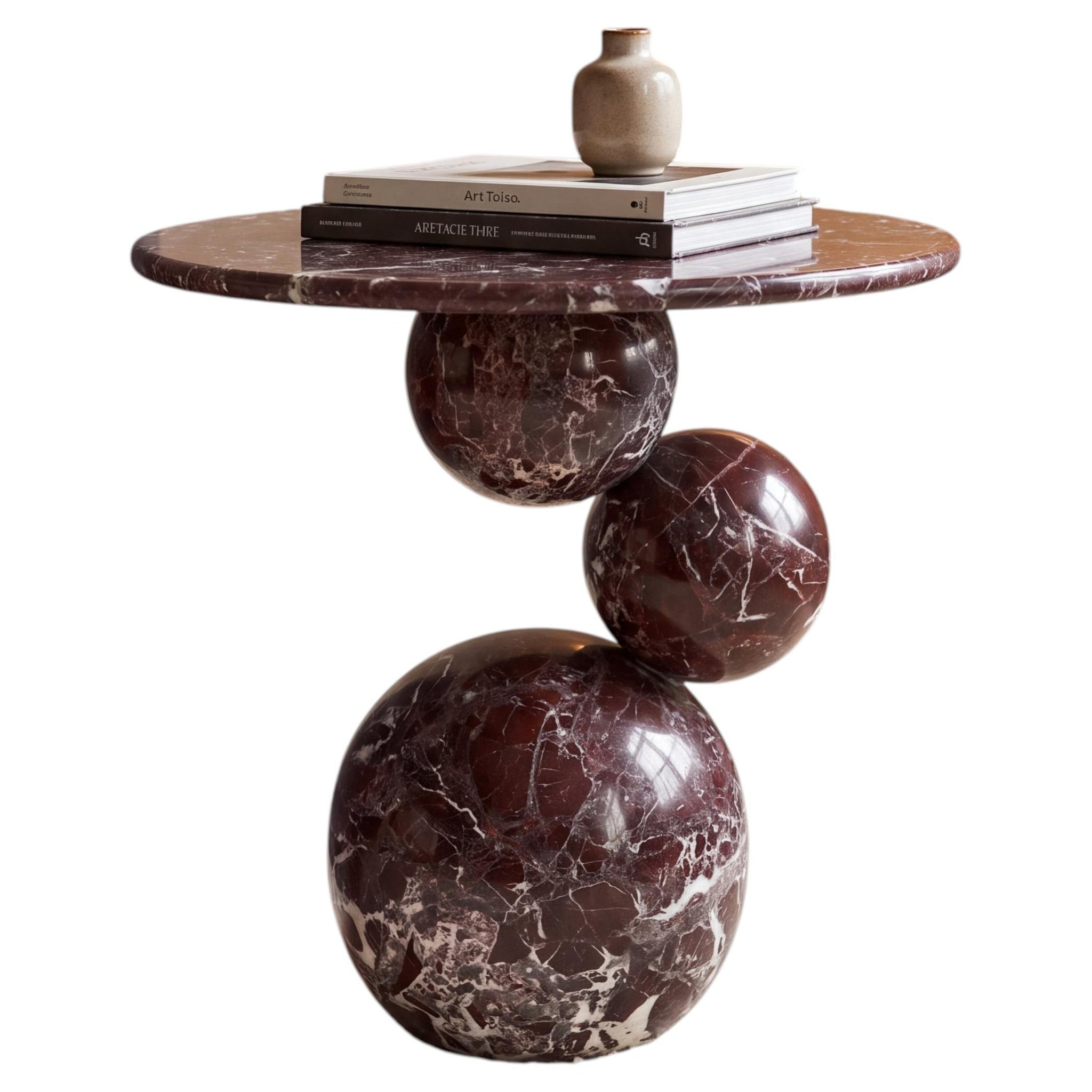 1stDibs Sculptural Rosso Levanto Marble Side Table with Handcrafted Three-Sphere Base