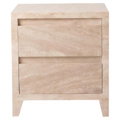 Mesita de noche de travertino hecha a mano con dos cajones, mesita de noche contemporánea de piedra