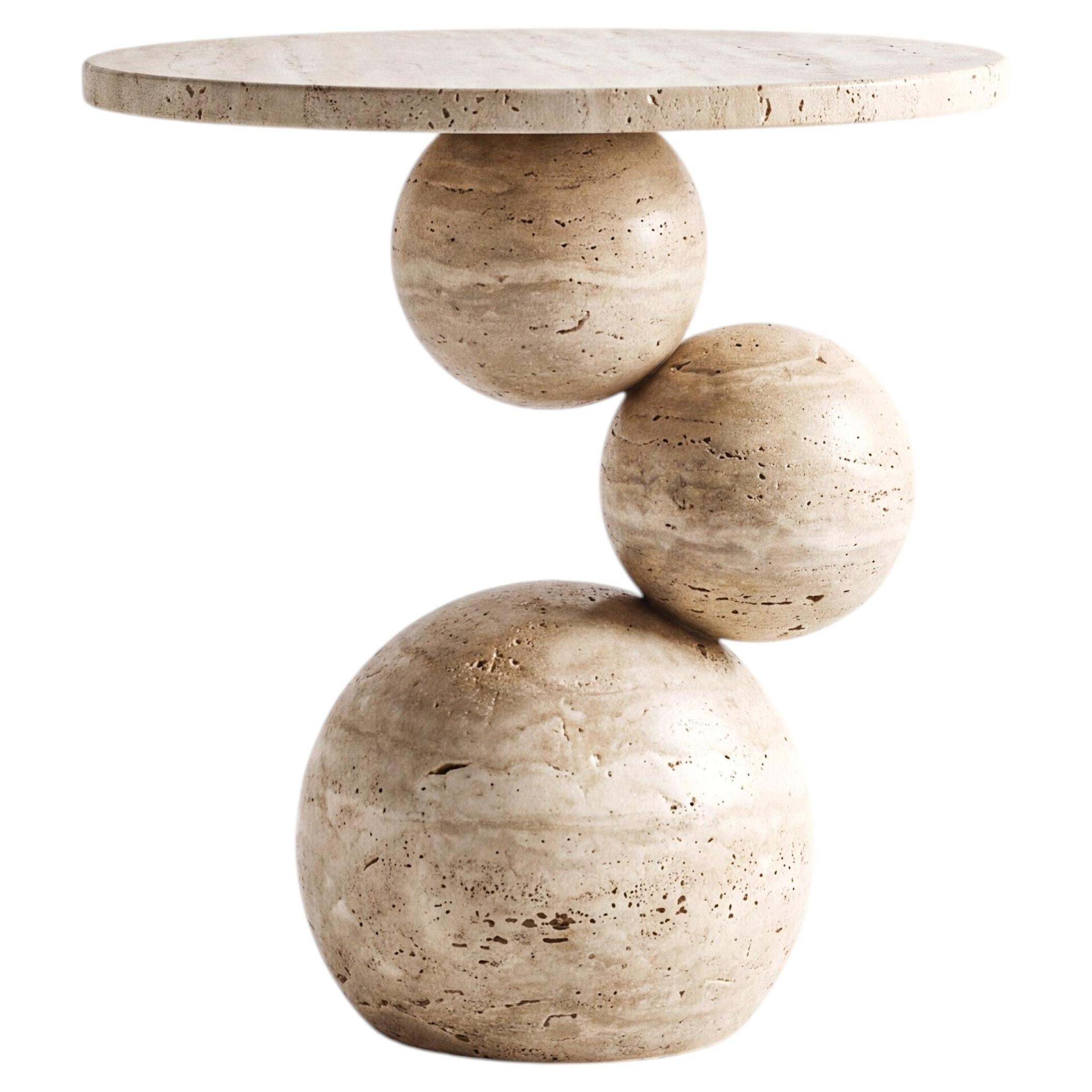 Sculptural Travertine Stone Side Table with Handcrafted Three-Sphere ...