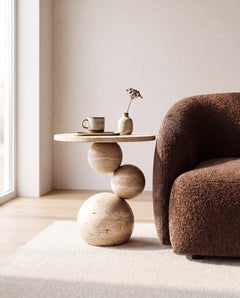 Sculptural Travertine Stone Side Table with Handcrafted Three-Sphere Base