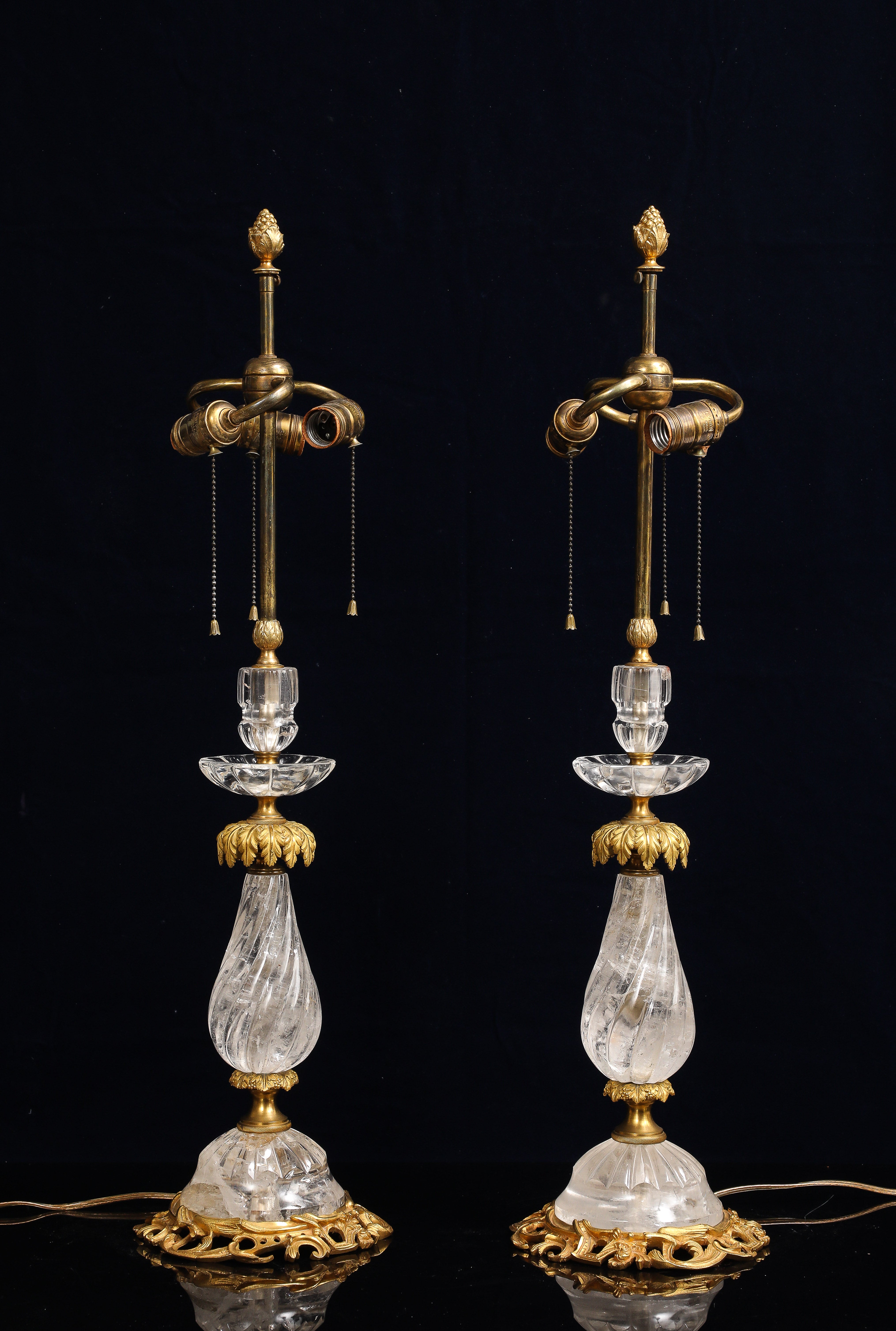 Art Deco Pair of E.F. Caldwell Hand-Carved Rock Crystal & Ormolu Mounted Palm Tree Lamps For Sale