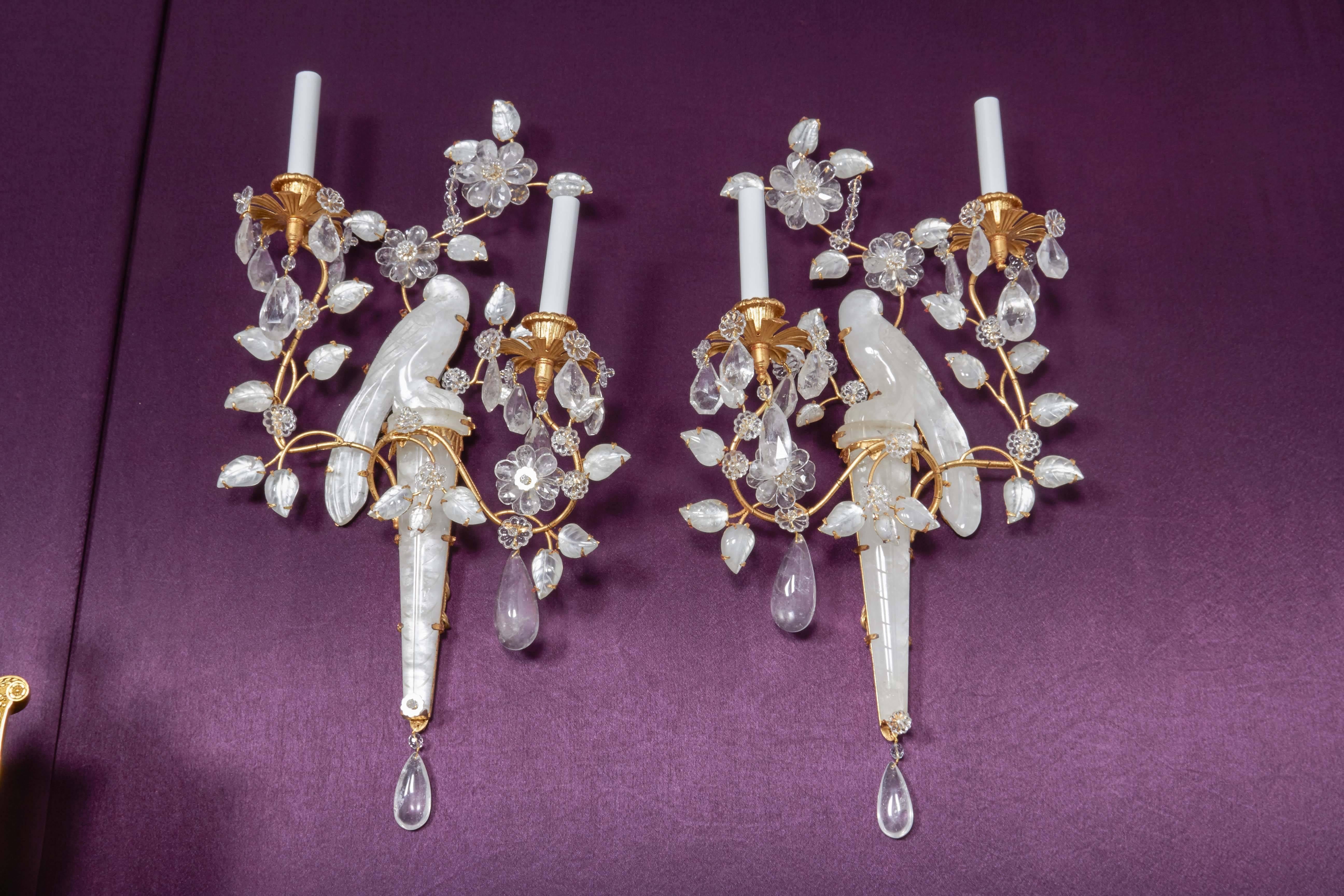 Pair of Finely Carved, Parrot Rock Crystal Baguès Style, Wall Appliqués/Sconces 3