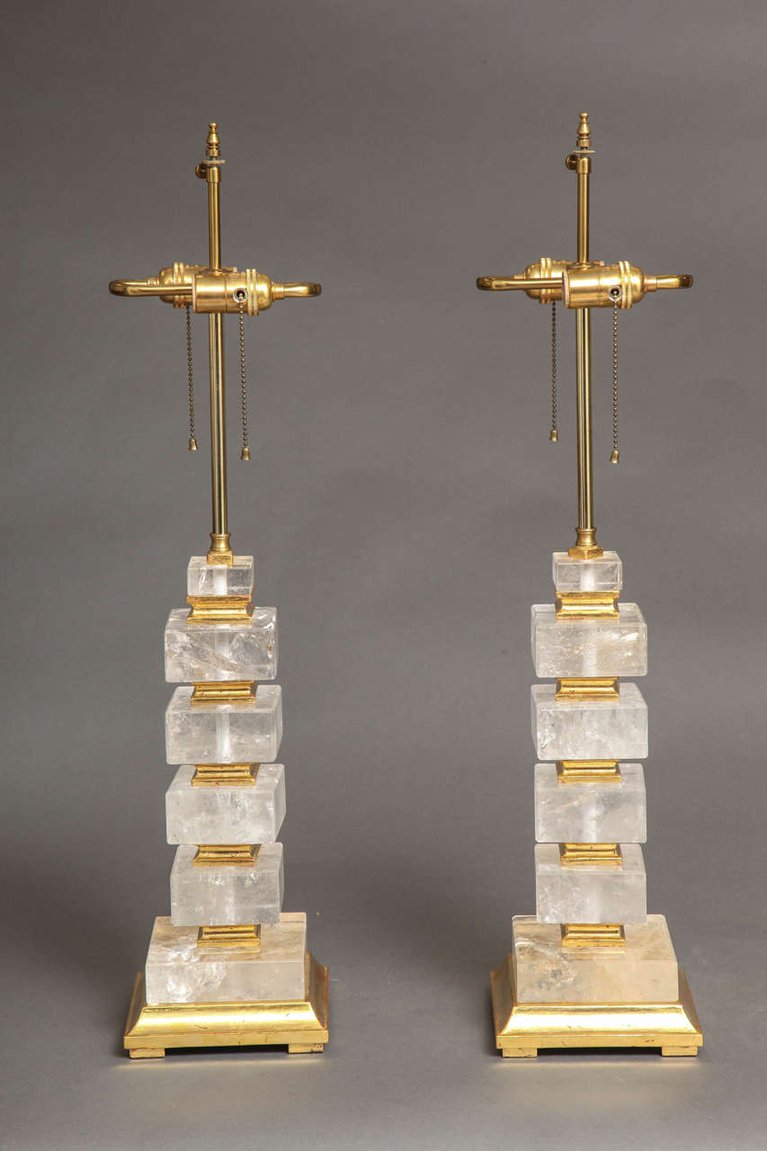 French Fine Pair of Art Deco Style Giltwood and Rock Crystal Lamps, 20th Century
