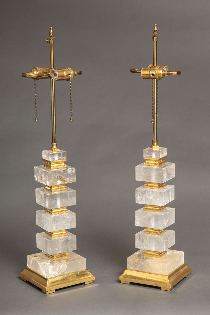 Hand-Carved Fine Pair of Art Deco Style Giltwood and Rock Crystal Lamps, 20th Century