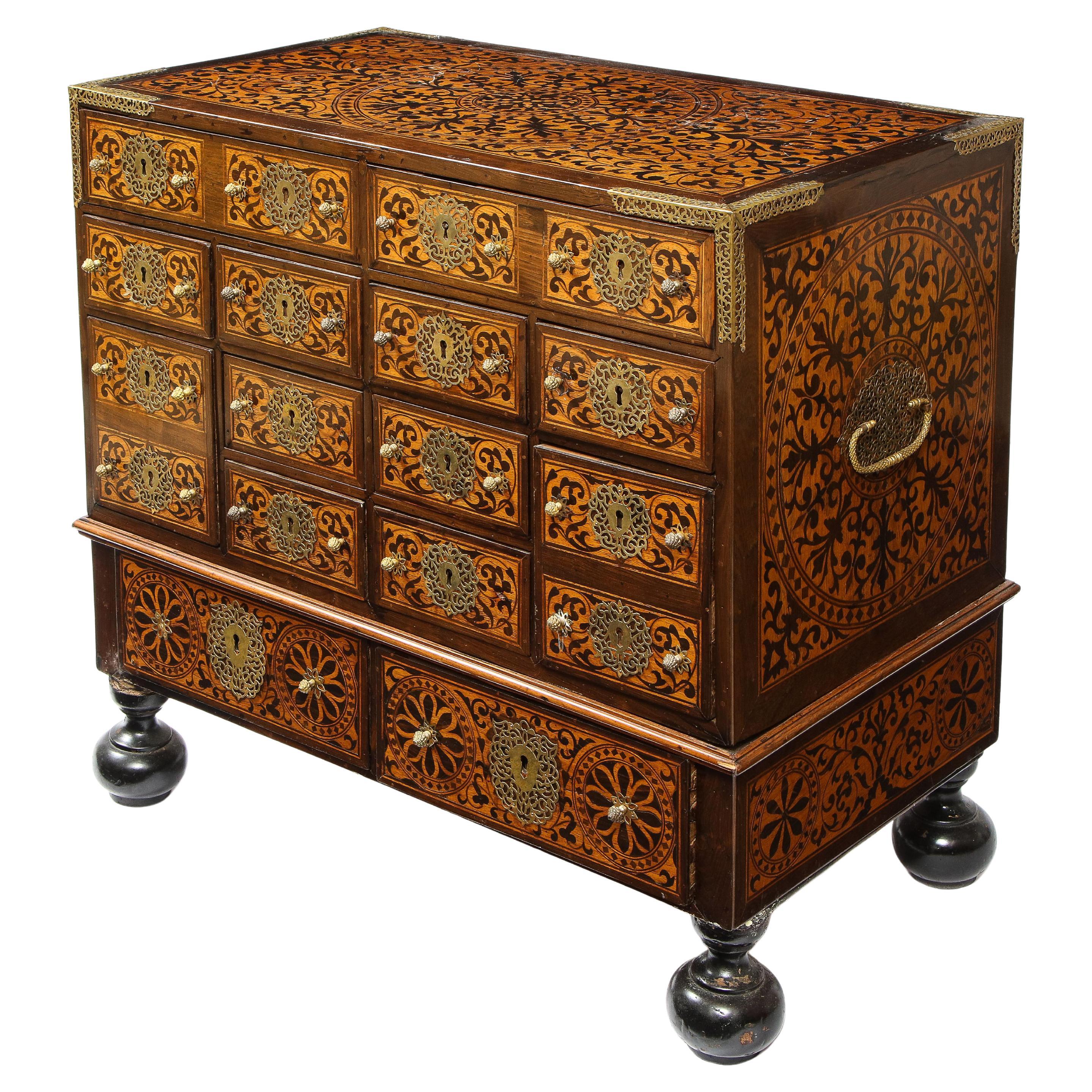 Indo-Portuguese Brass-Mounted Hardwood and Indian Wood Marquetry Cabinet For Sale