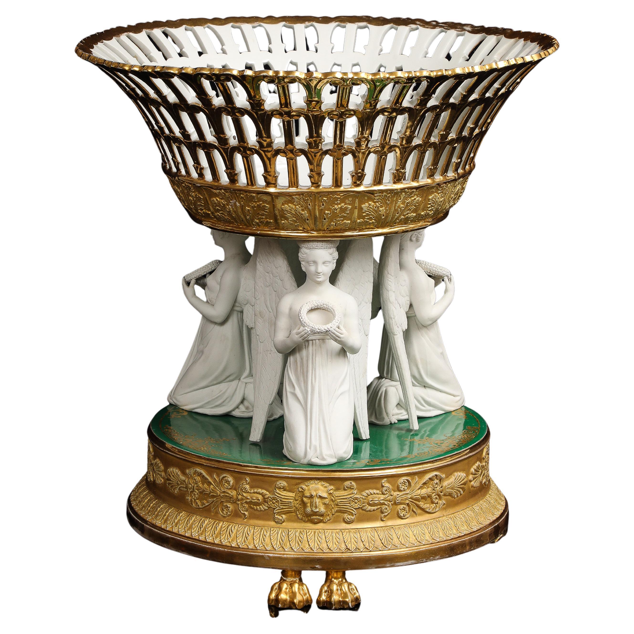 A Paris Biscuit Porcelain Gilt & Green-Ground Figural Reticulated Centerpiece