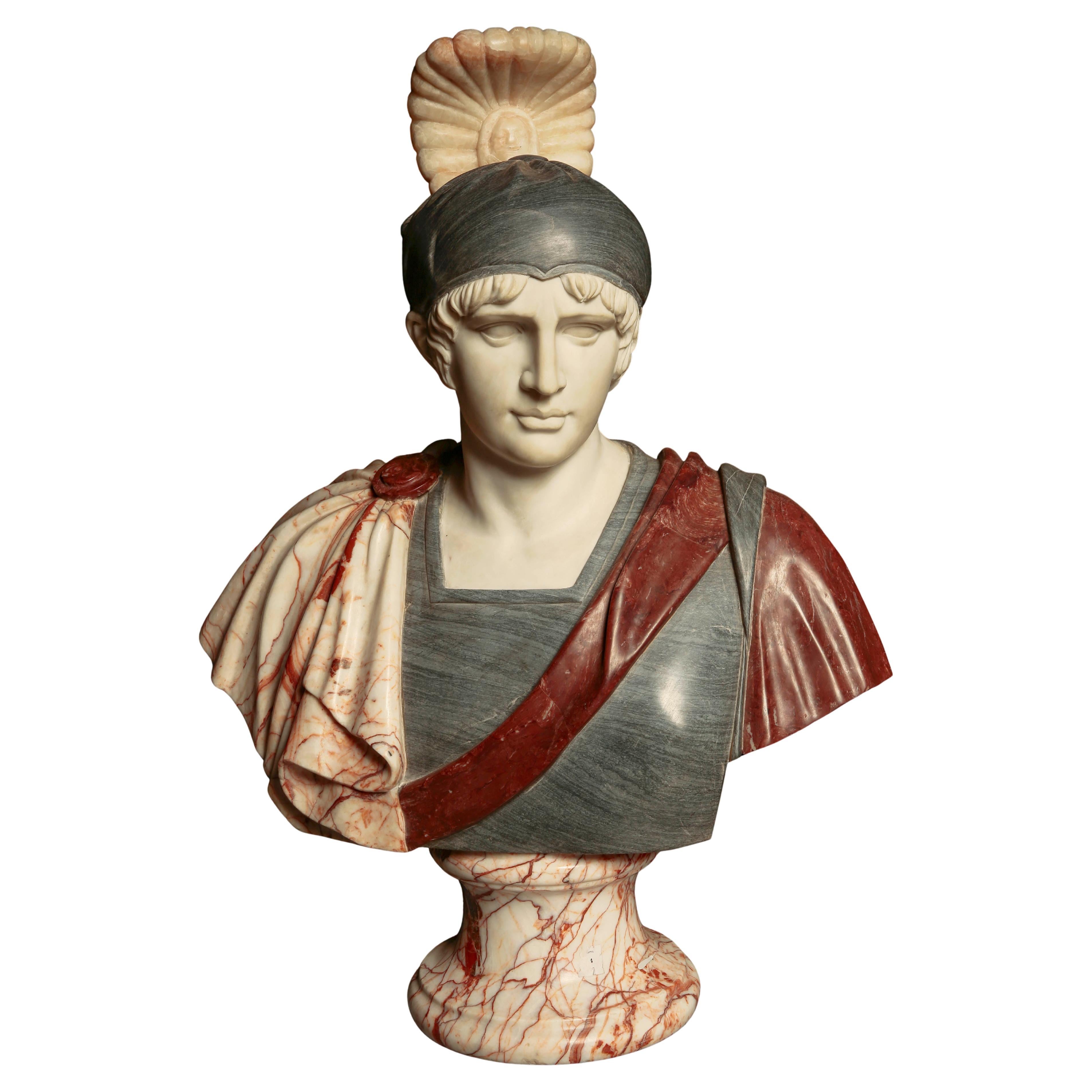 A Large Hand-Carved Multi-Marble Roman Bust Representing Achilles