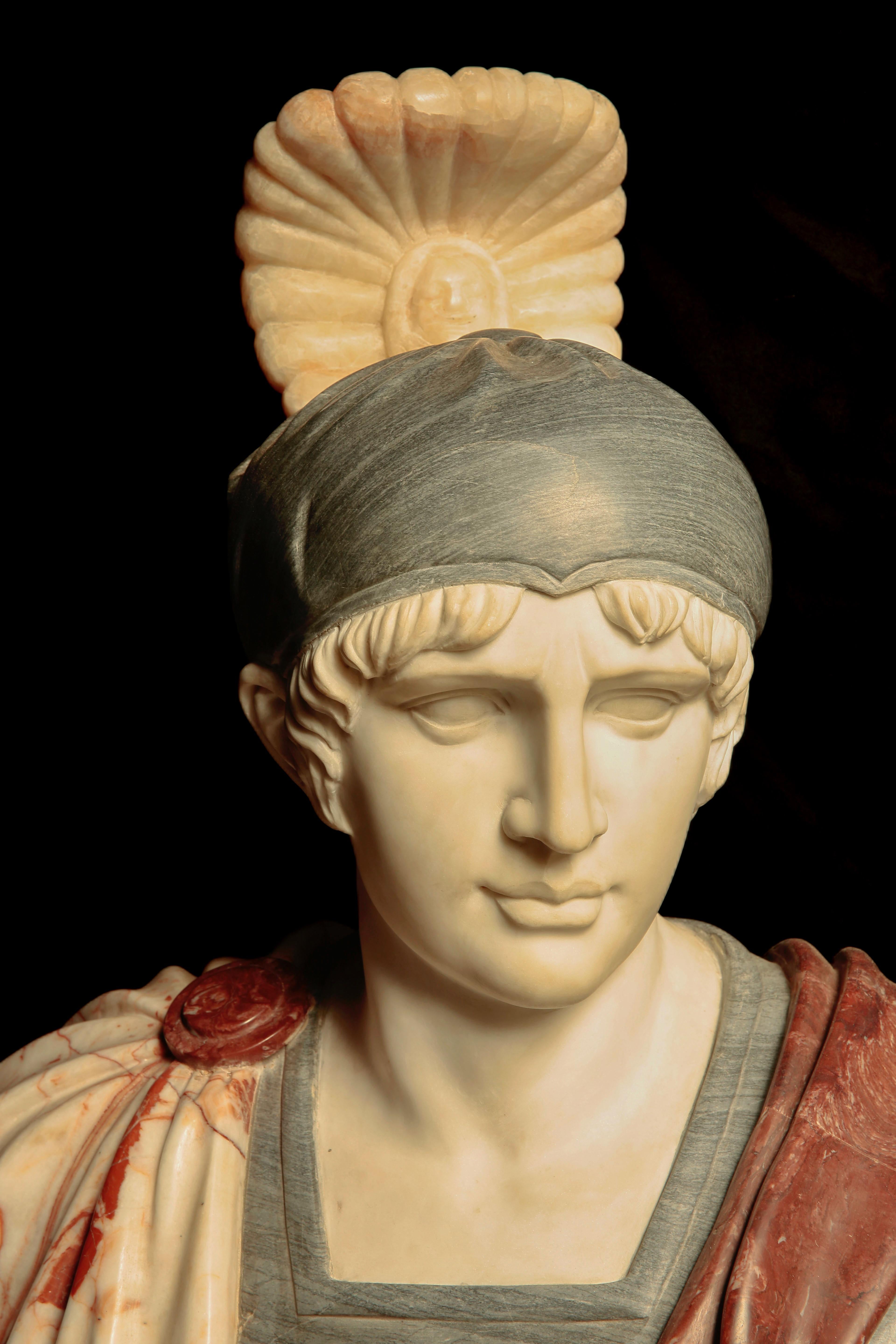 Grand Tour A Large Hand-Carved Multi-Marble Roman Bust Representing Achilles For Sale