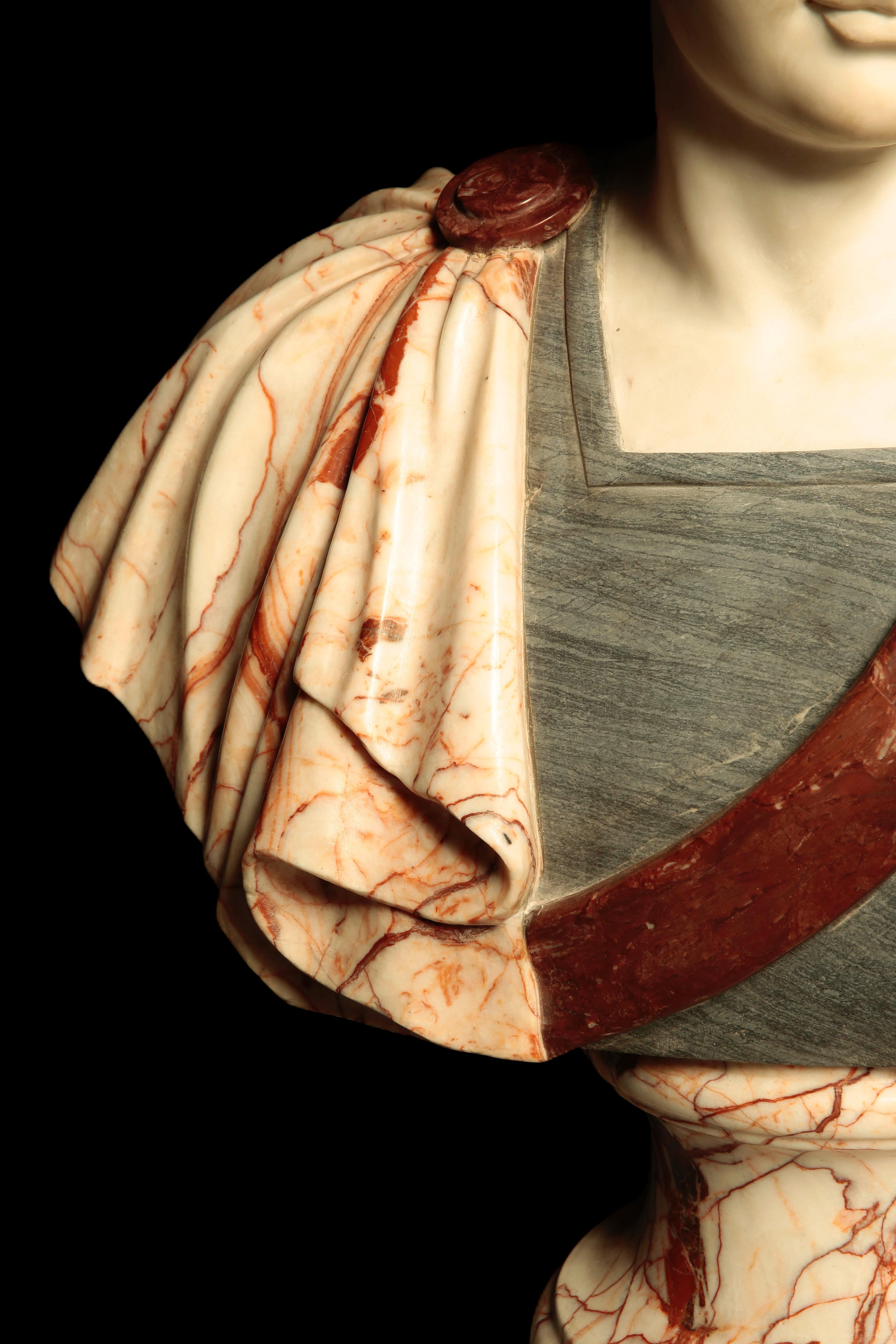 A Large Hand-Carved Multi-Marble Roman Bust Representing Achilles In Good Condition For Sale In New York, NY