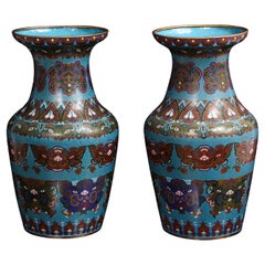 A Pair of Chinese Cloisonne Turquoise Blue Ground Vases w/ Taotie Masks