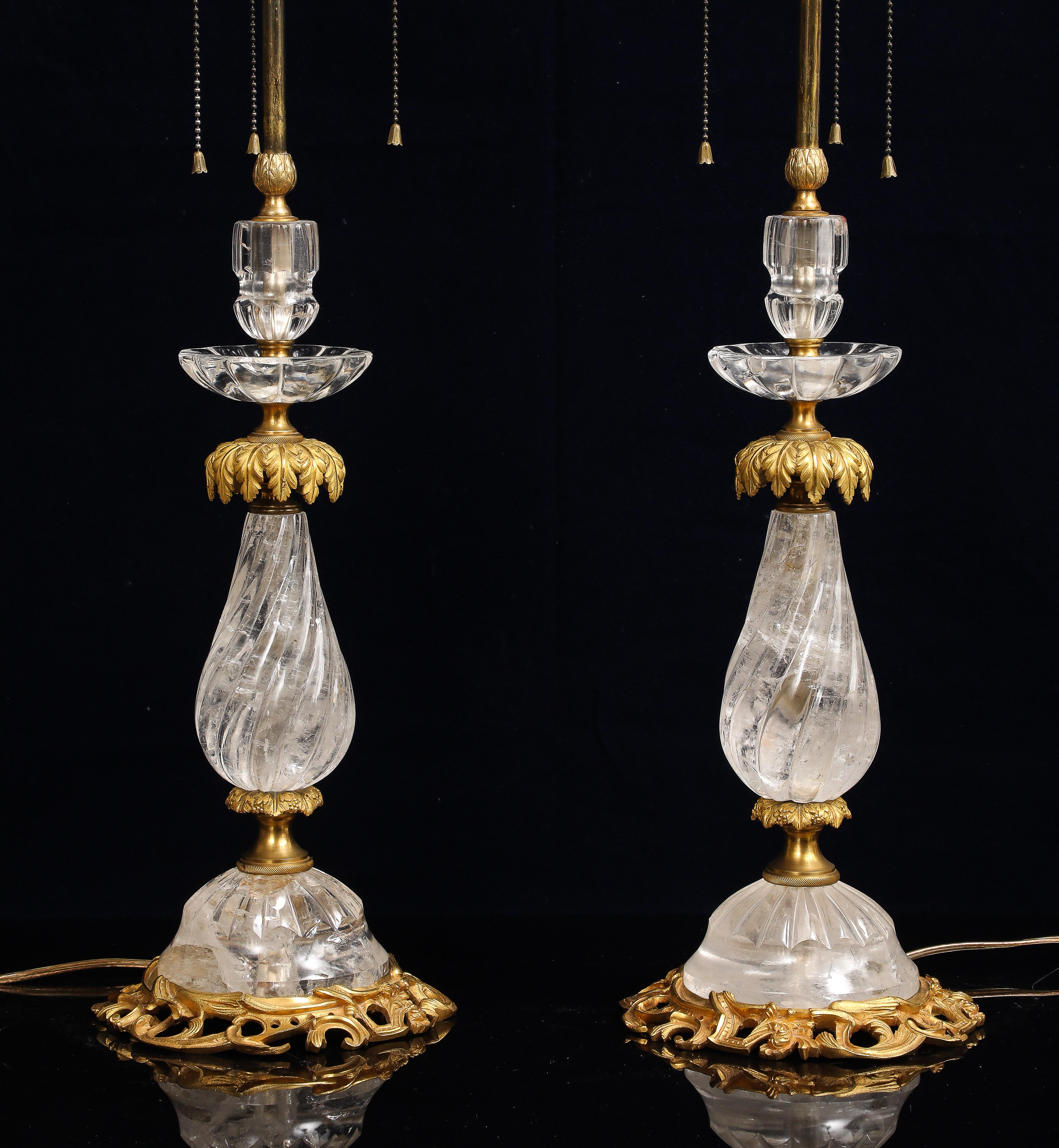 American Pair of E.F. Caldwell Hand-Carved Rock Crystal & Ormolu Mounted Palm Tree Lamps For Sale