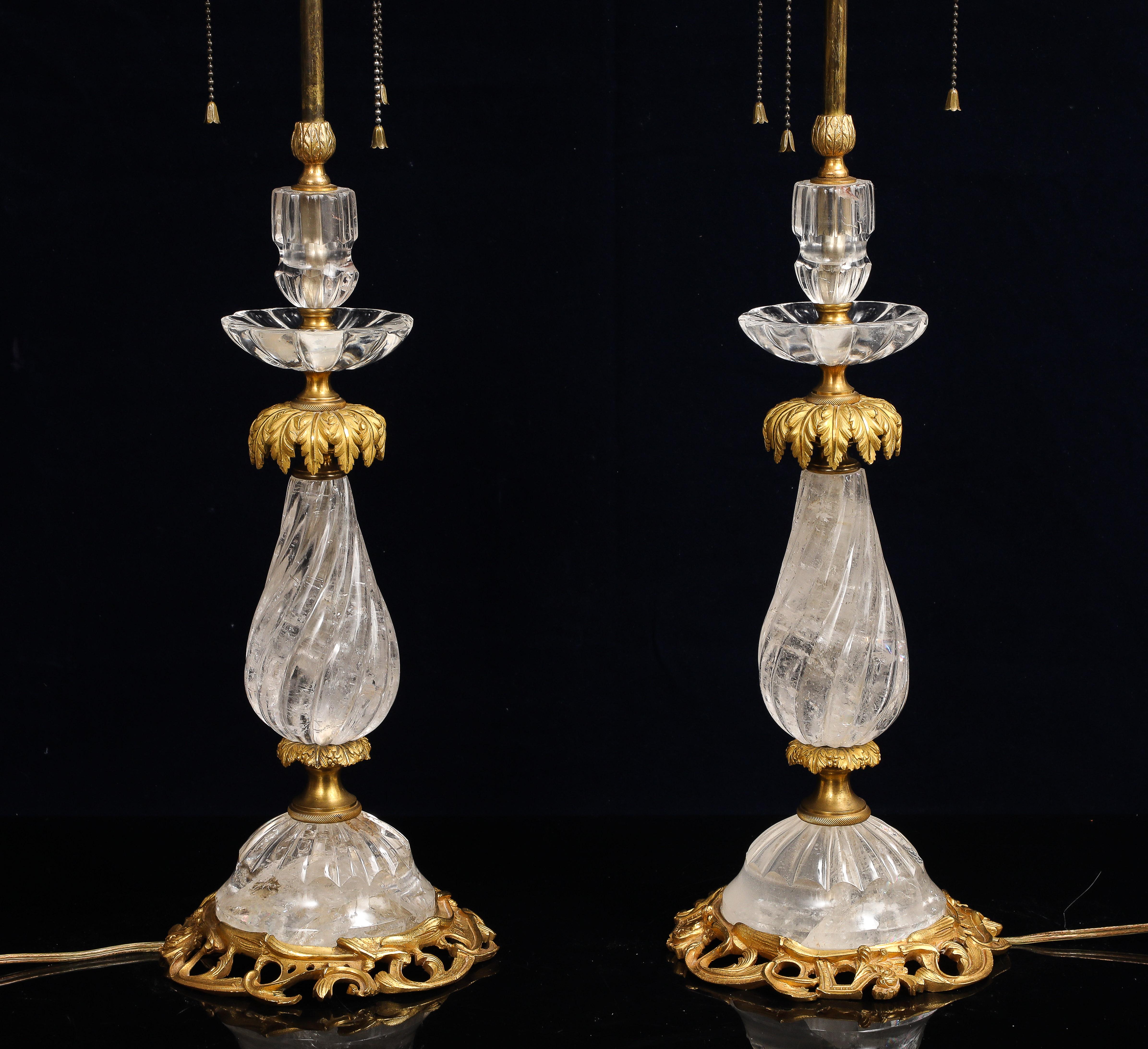 Pair of E.F. Caldwell Hand-Carved Rock Crystal & Ormolu Mounted Palm Tree Lamps In Good Condition For Sale In New York, NY