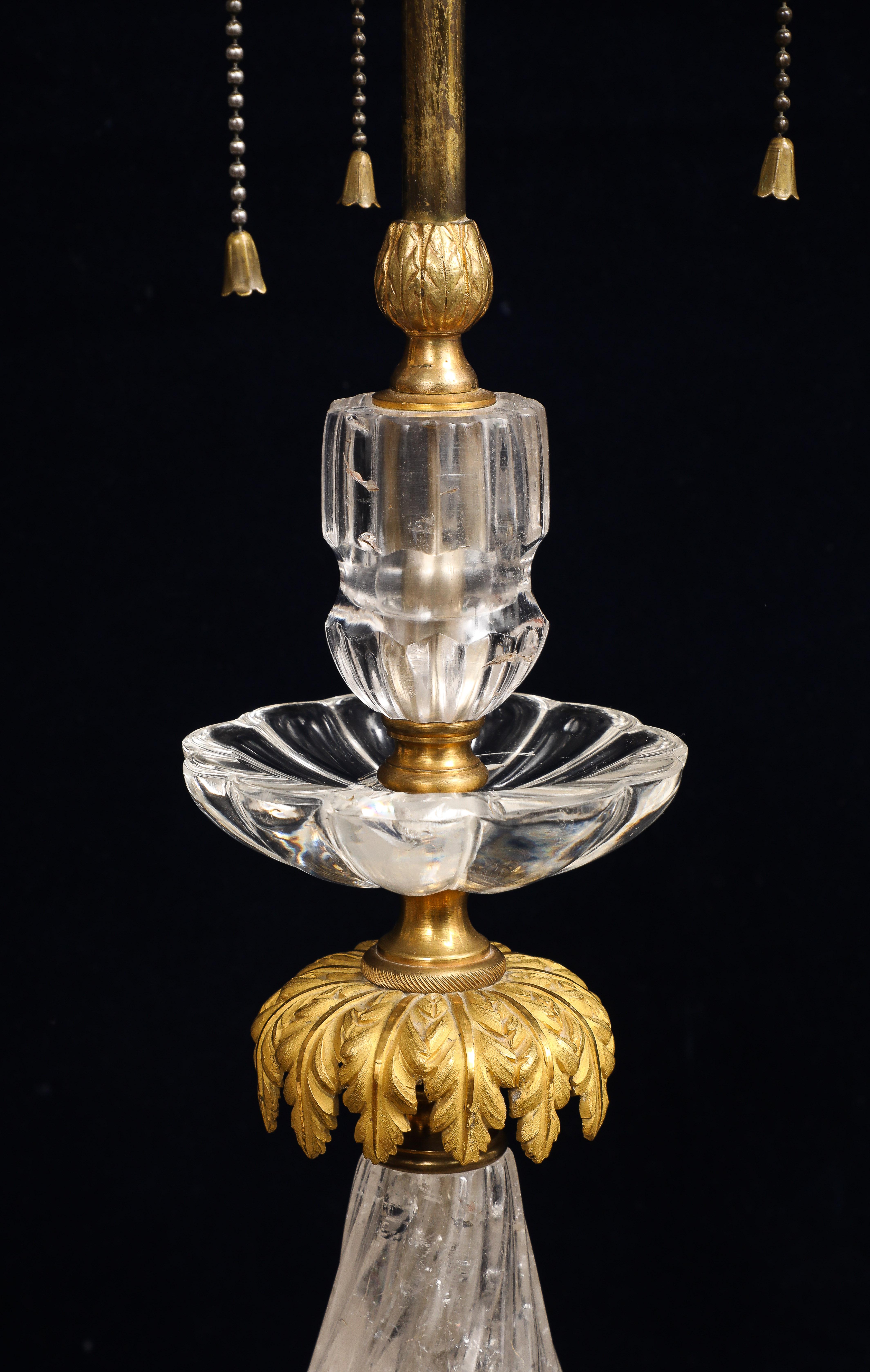 Early 20th Century Pair of E.F. Caldwell Hand-Carved Rock Crystal & Ormolu Mounted Palm Tree Lamps For Sale