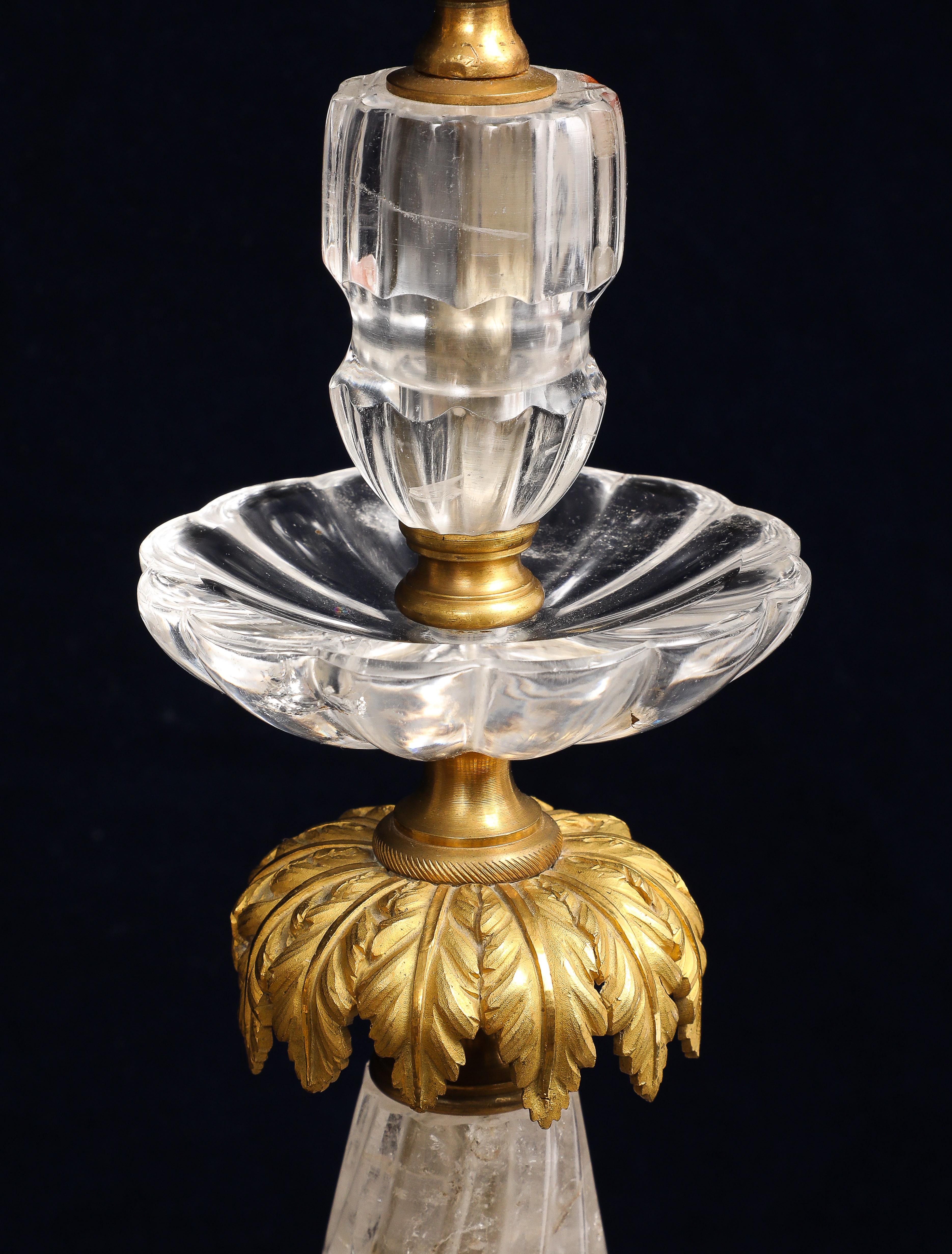 Bronze Pair of E.F. Caldwell Hand-Carved Rock Crystal & Ormolu Mounted Palm Tree Lamps For Sale