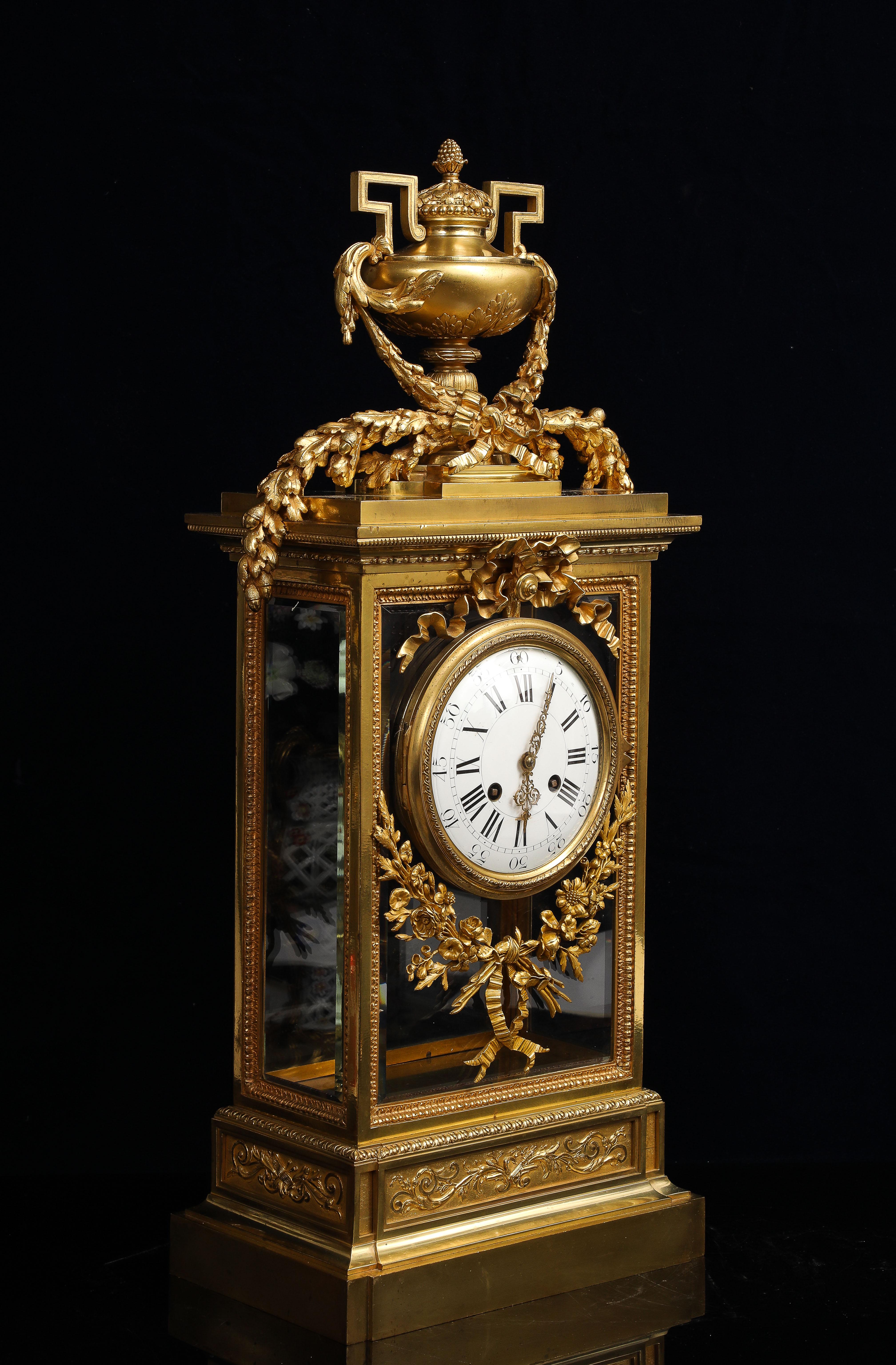 Monumental 19th C. French Louis XIV Style Gilt Bronze & Cut Glass Mantel Clock In Good Condition For Sale In New York, NY