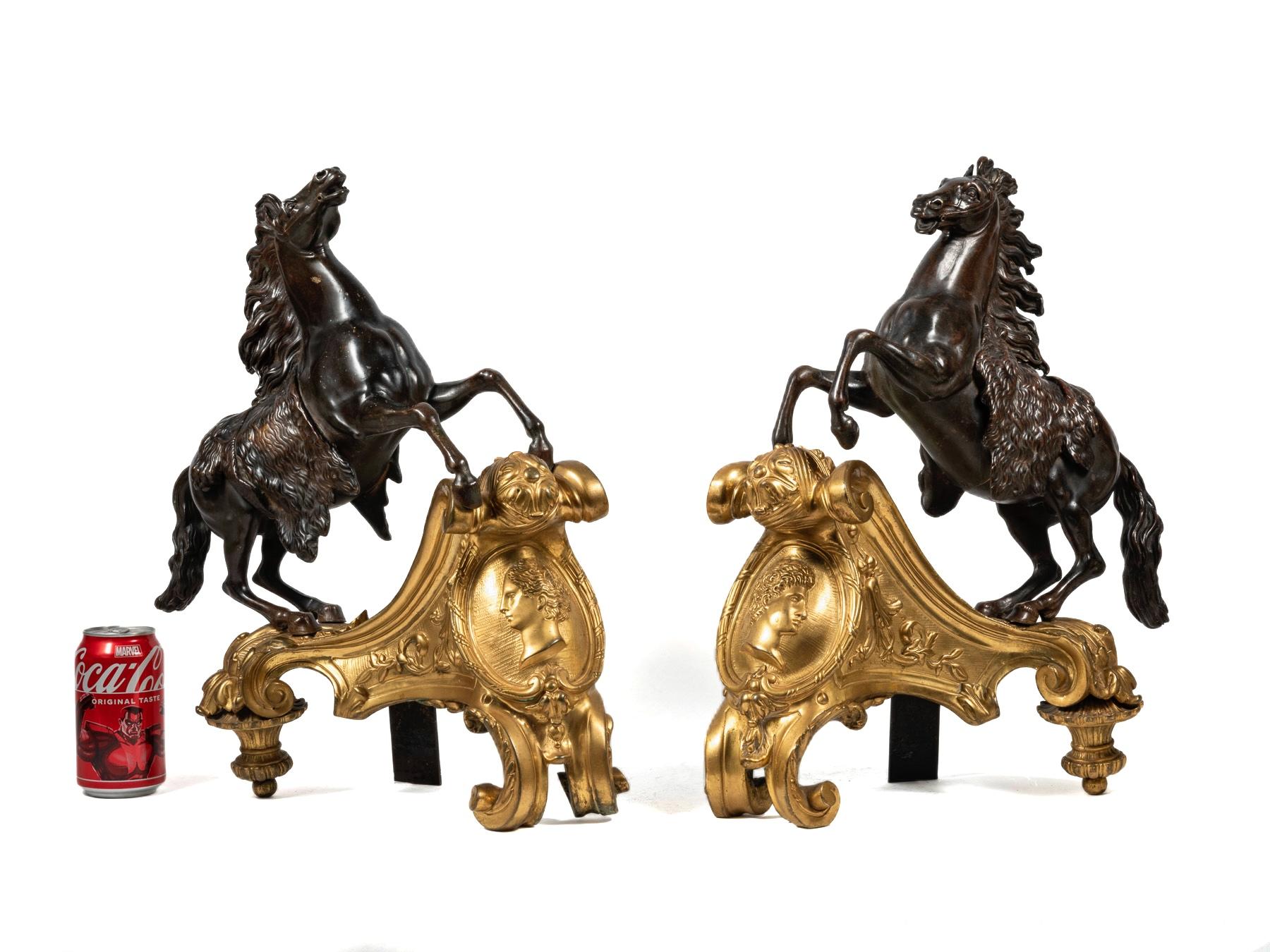 A Pair of Highly Elaborate and Quite Impressive Patinated and Ormolu Mounted Horse Model Chenets, After Designs by Jacques Caffieri (1678–1755), the Renowned 18th-Century French Fondeur-Ciseleur. Each chenet features a separately cast bronze