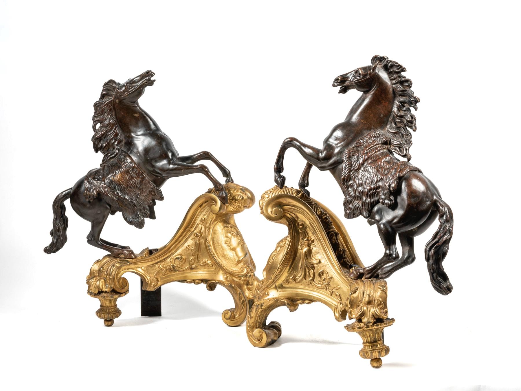 Gilt Pair of Patinated and Ormolu Mounted Horse Model Chenets, After Jacques Caffieri For Sale