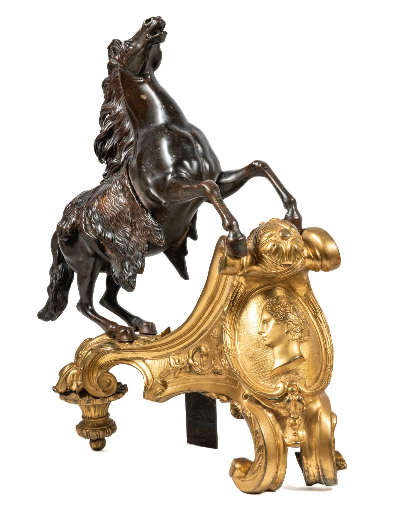 French Pair of Patinated and Ormolu Mounted Horse Model Chenets, After Jacques Caffieri For Sale