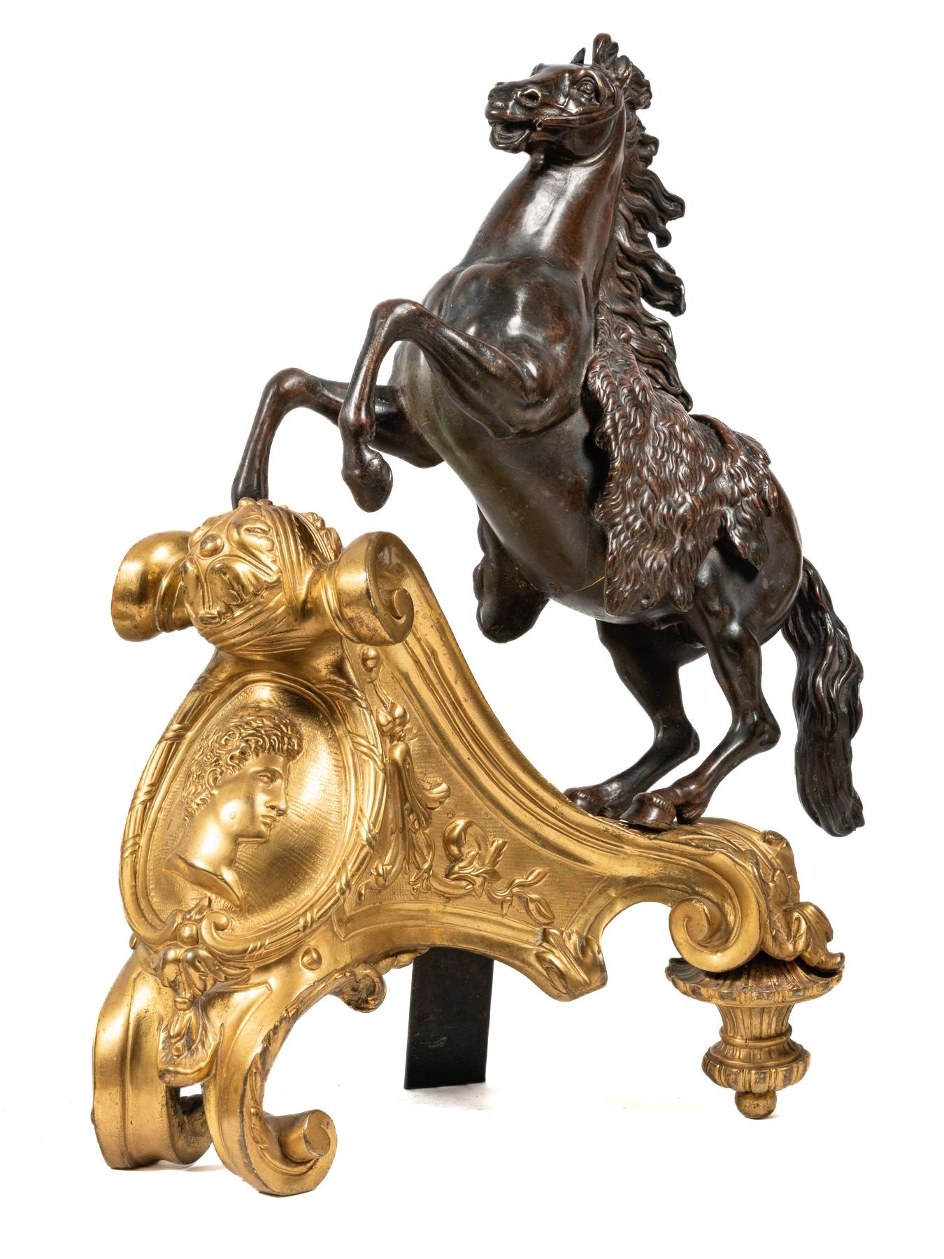 Louis XV Pair of Patinated and Ormolu Mounted Horse Model Chenets, After Jacques Caffieri For Sale
