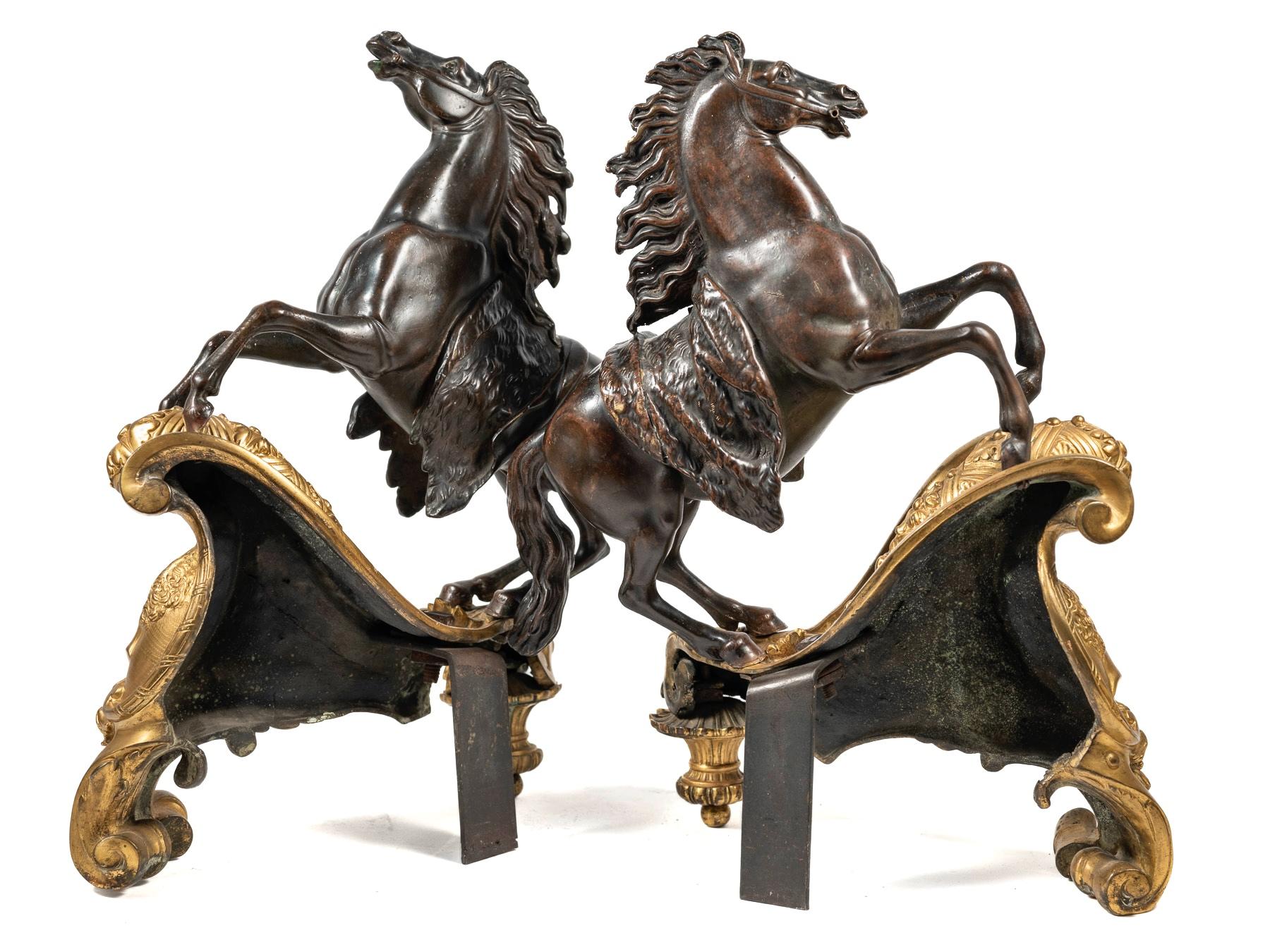 Pair of Patinated and Ormolu Mounted Horse Model Chenets, After Jacques Caffieri In Good Condition For Sale In New York, NY