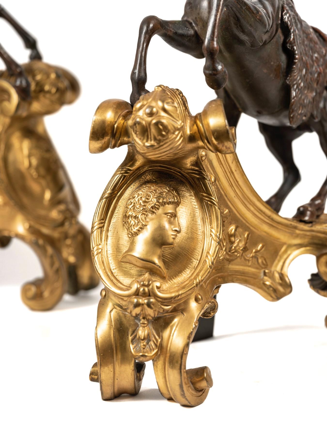 Bronze Pair of Patinated and Ormolu Mounted Horse Model Chenets, After Jacques Caffieri For Sale