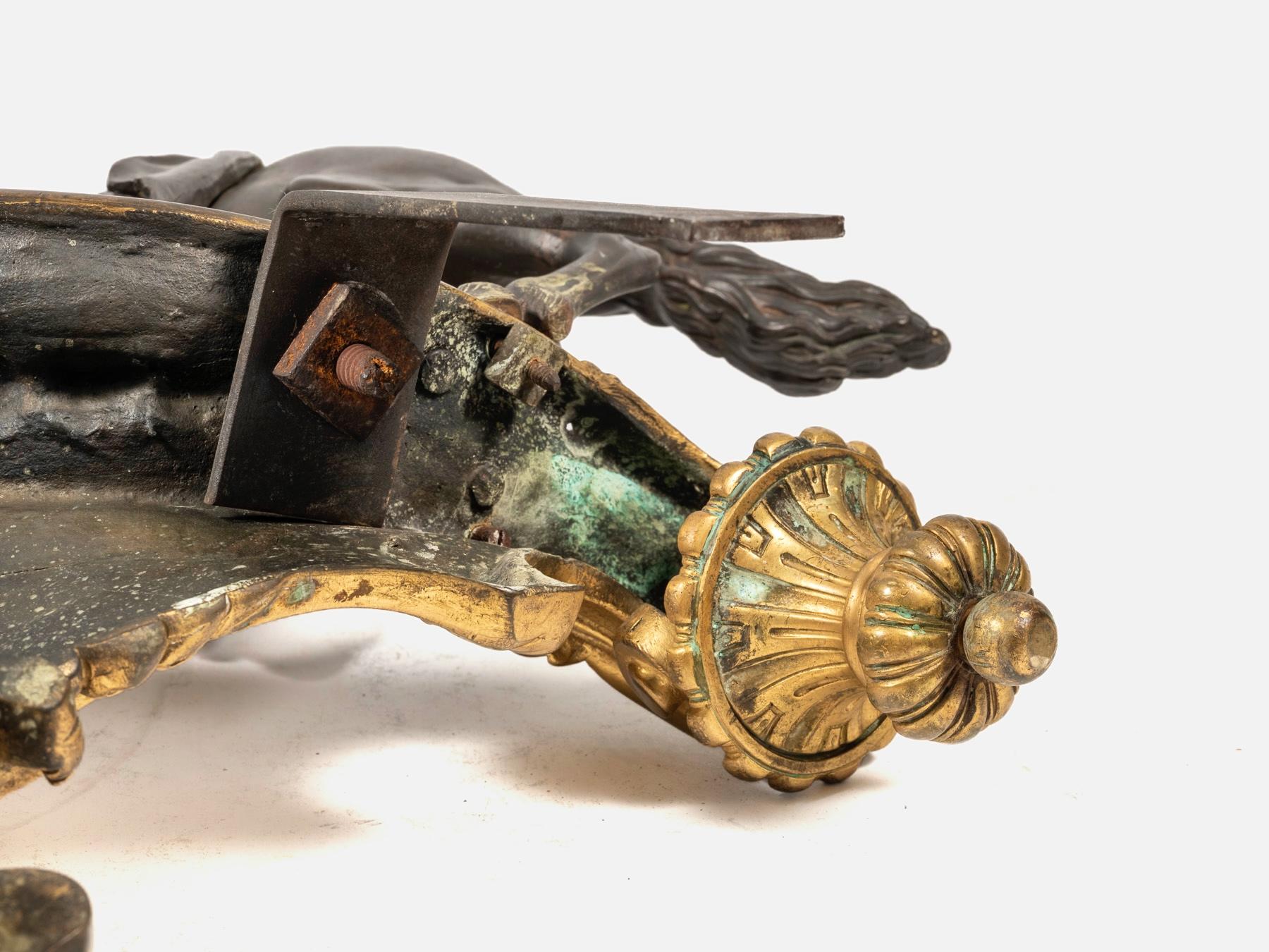 Pair of Patinated and Ormolu Mounted Horse Model Chenets, After Jacques Caffieri For Sale 1