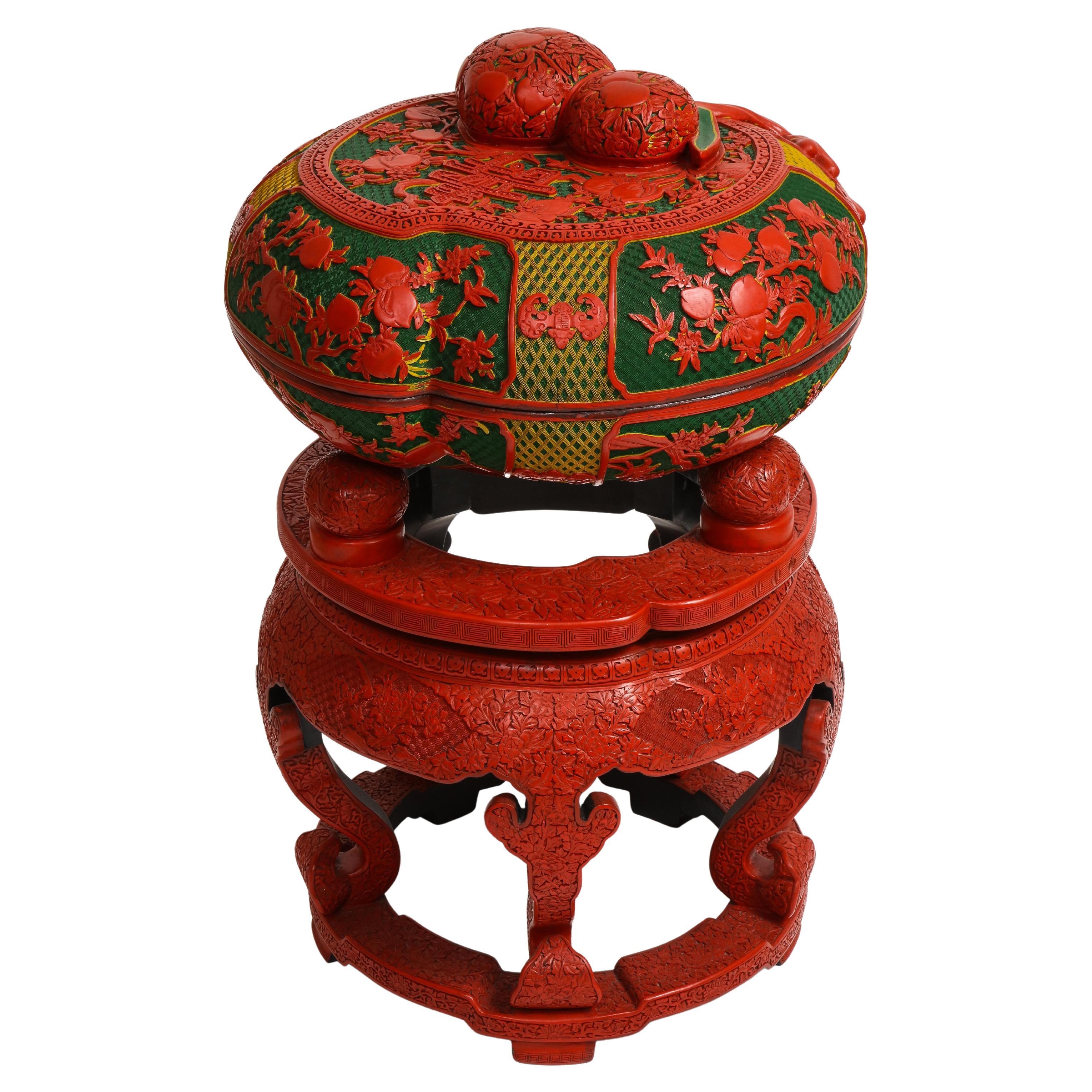 Monumental Chinese 4 Color Cinnabar "8" Peach Box on Stand w/ Mini Boxes Inside For Sale