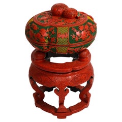 Monumental Chinese 4 Color Cinnabar "8" Peach Box on Stand w/ Mini Boxes Inside