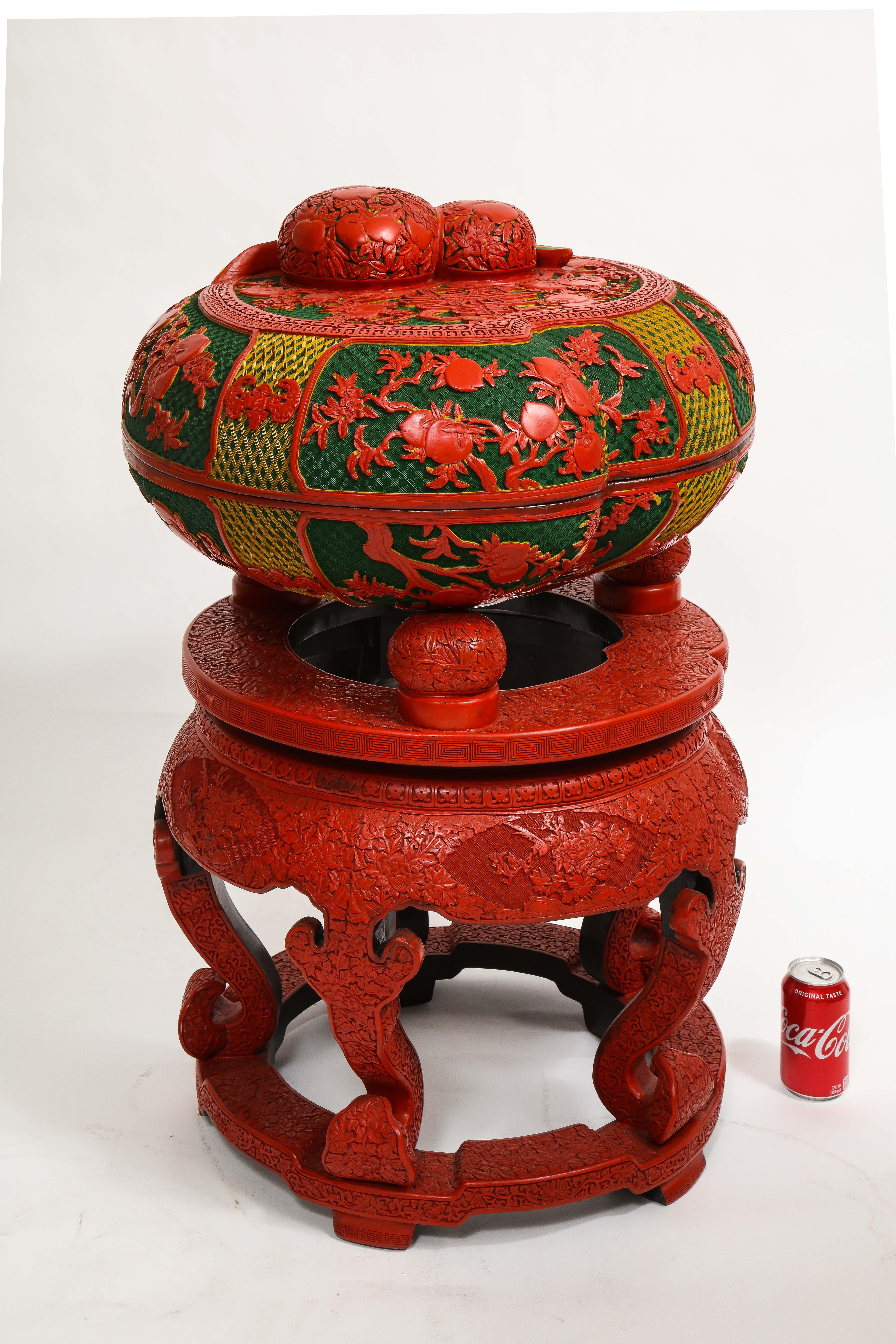 A Monumental Chinese Hand-Carved Four Color Cinnabar Lacquer 