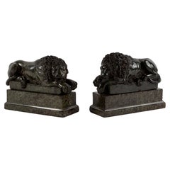 A Pair of Grand Tour Carved Verde Antico Marble Lions, After Antonio Canova