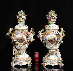 Pair of Monumental Meissen Porcelain Rococo Floral Encrusted Potpourri Vases