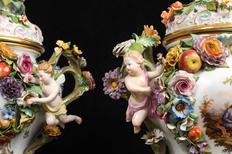 Pair of Monumental Meissen Porcelain Rococo Floral Encrusted Potpourri Vases For Sale at 1stDibs