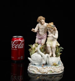 Unusual Meissen Porcelain Group of Children Feeding Swans at a Pond, 1880s