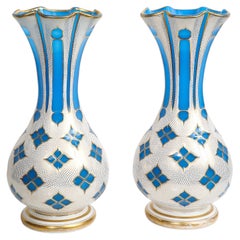 Large Pair of Baccarat Blue and White Overlay Opaline Vases, circa 1860