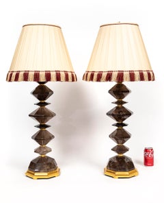 Pair of French Smoke Rock Crystal & Giltwood Lamps, Geometric Pattern, Baguese