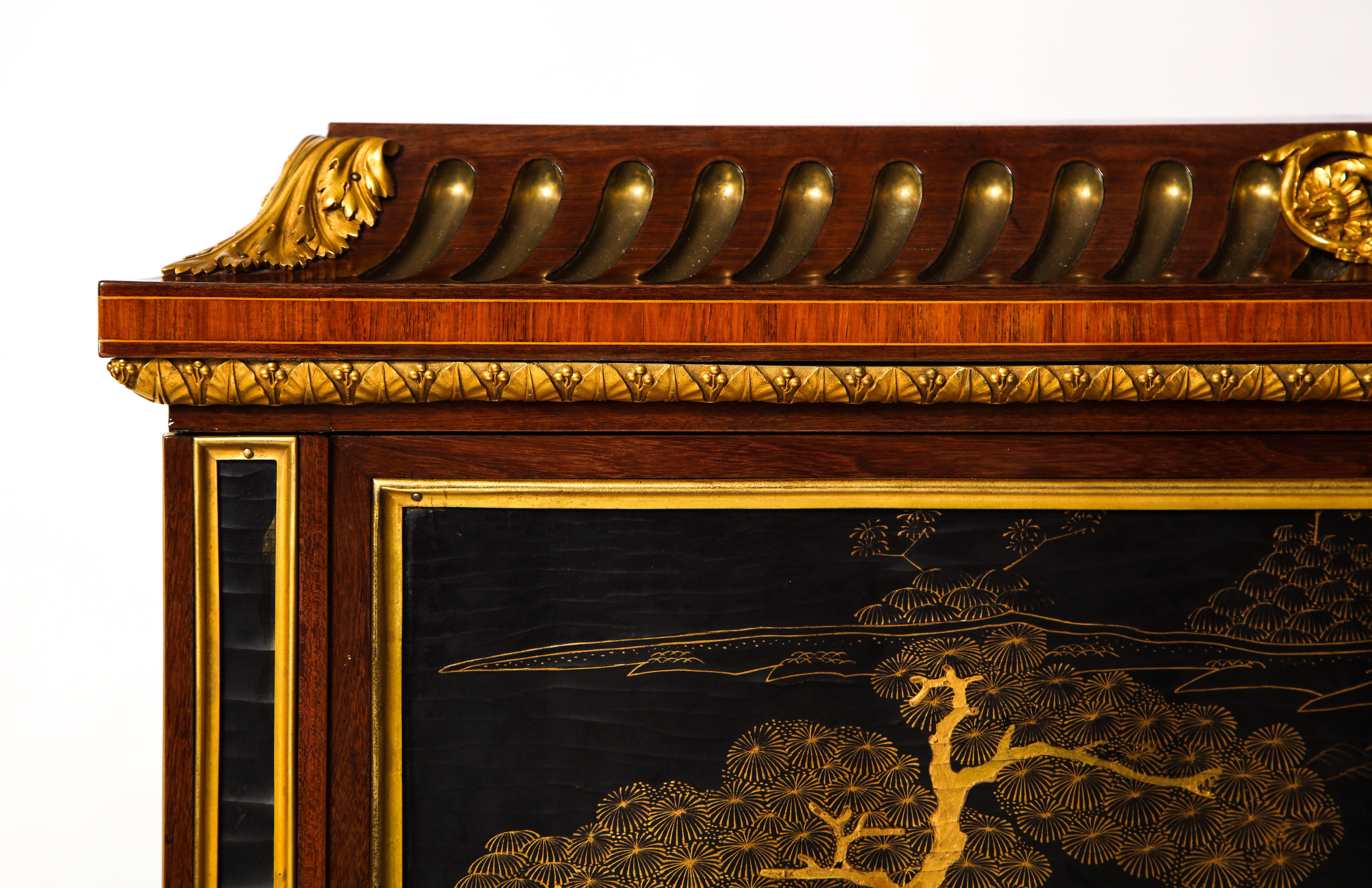 19th Century French Louis XVI Style Gilt Bronze-Mounted Mahogany Chinese Lacquered Cabinet For Sale