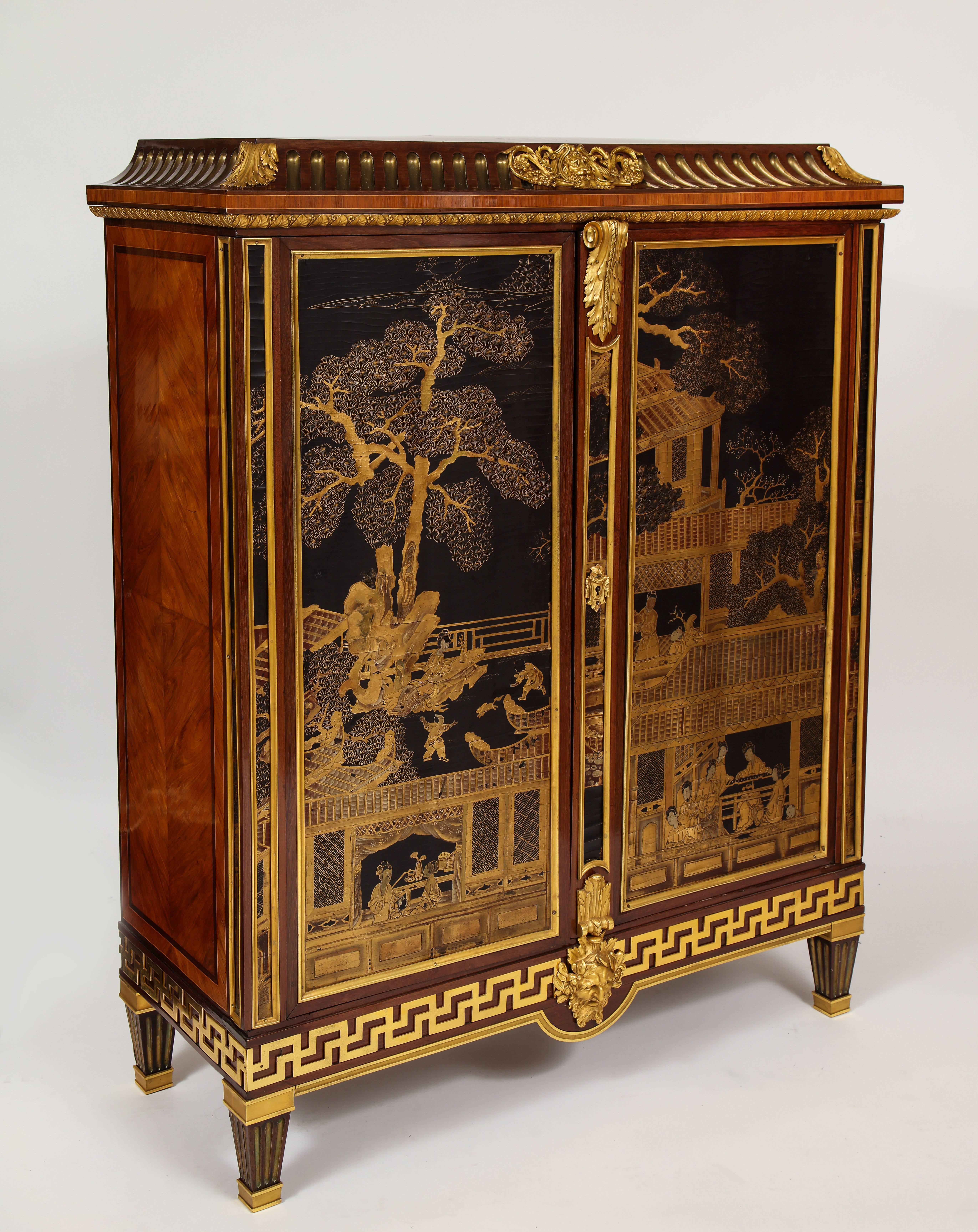 French Louis XVI Style Gilt Bronze-Mounted Mahogany Chinese Lacquered Cabinet For Sale 3
