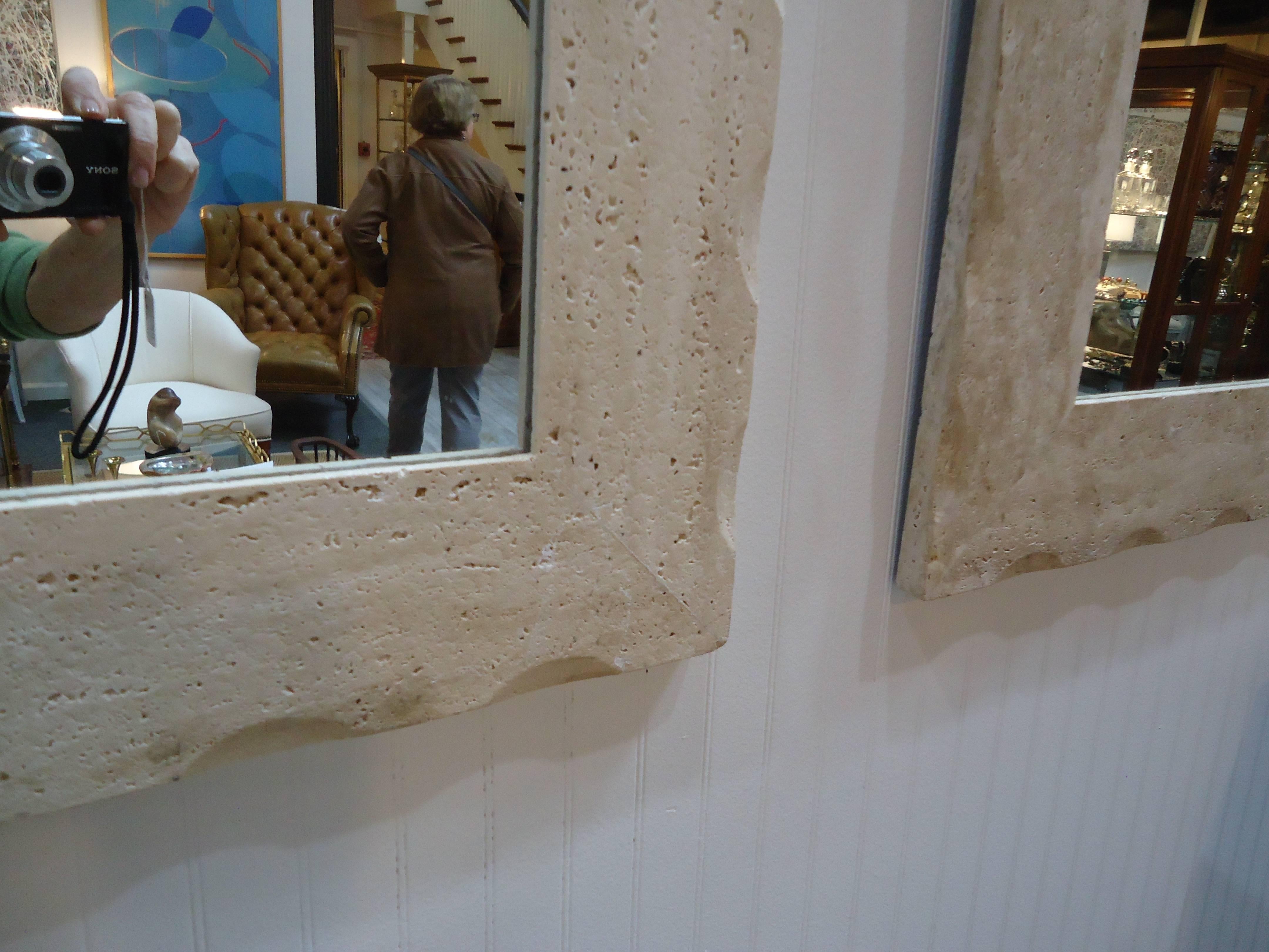 Pair of Sleek Modern Travertine Framed Mirrors In Excellent Condition In Hopewell, NJ