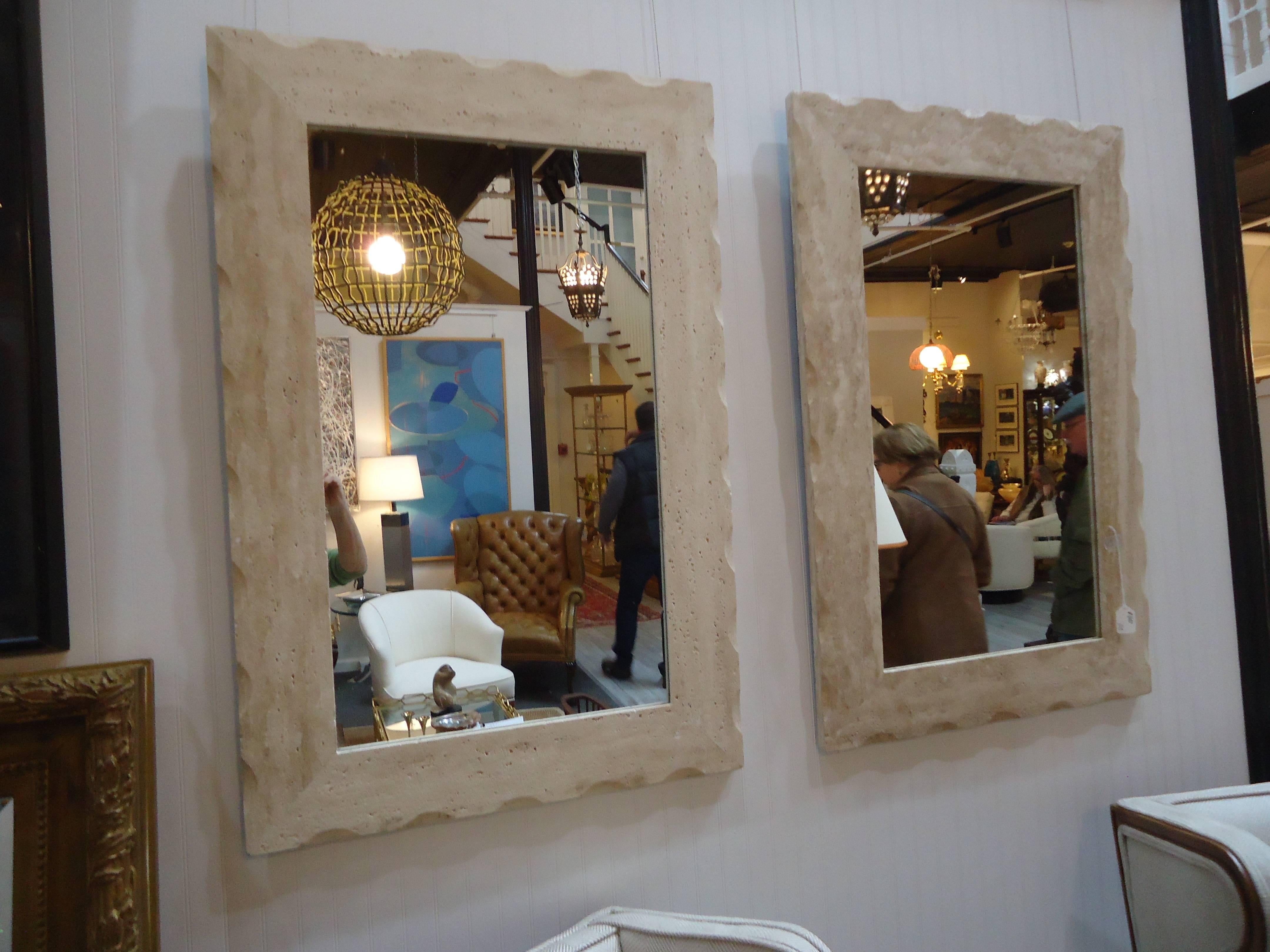 American Pair of Sleek Modern Travertine Framed Mirrors