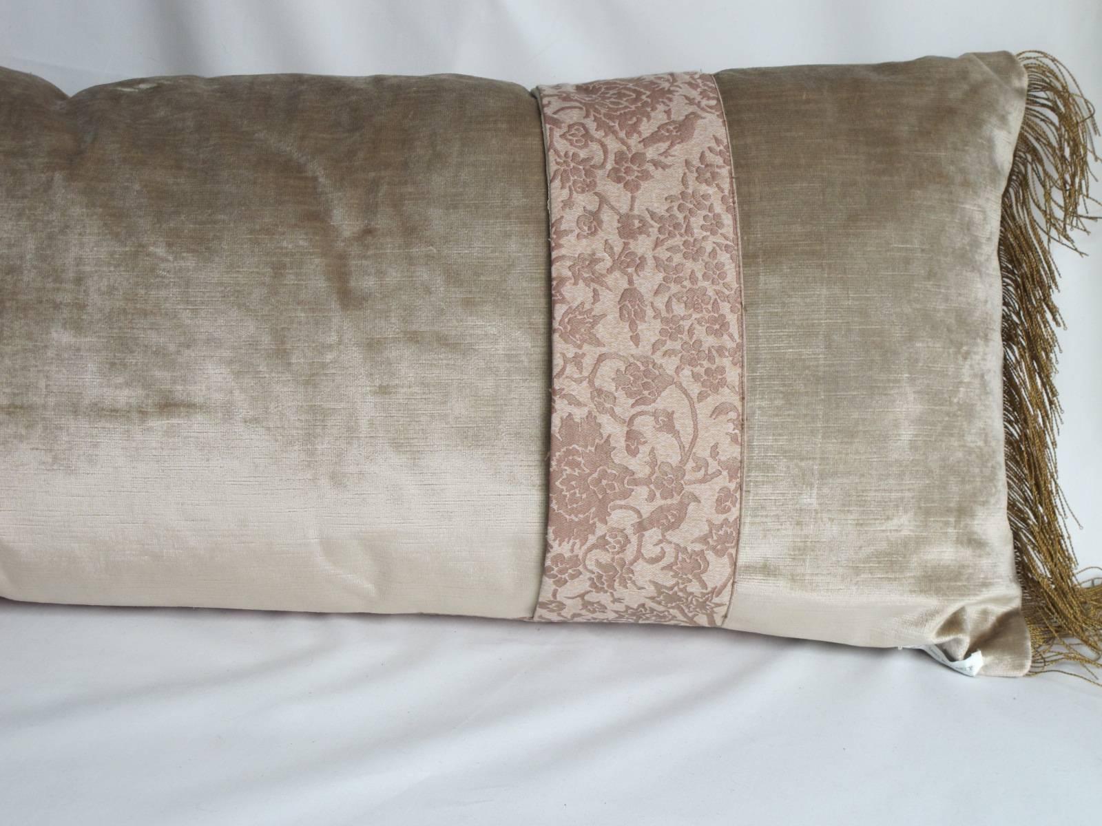 A newly made pillow from an authentic Fortuny fabric in taupes and bronze, circa 1980s, the pillow is embellished with antique metallic trims and is backed with a coordinating silk velvet and includes a down insert.

 