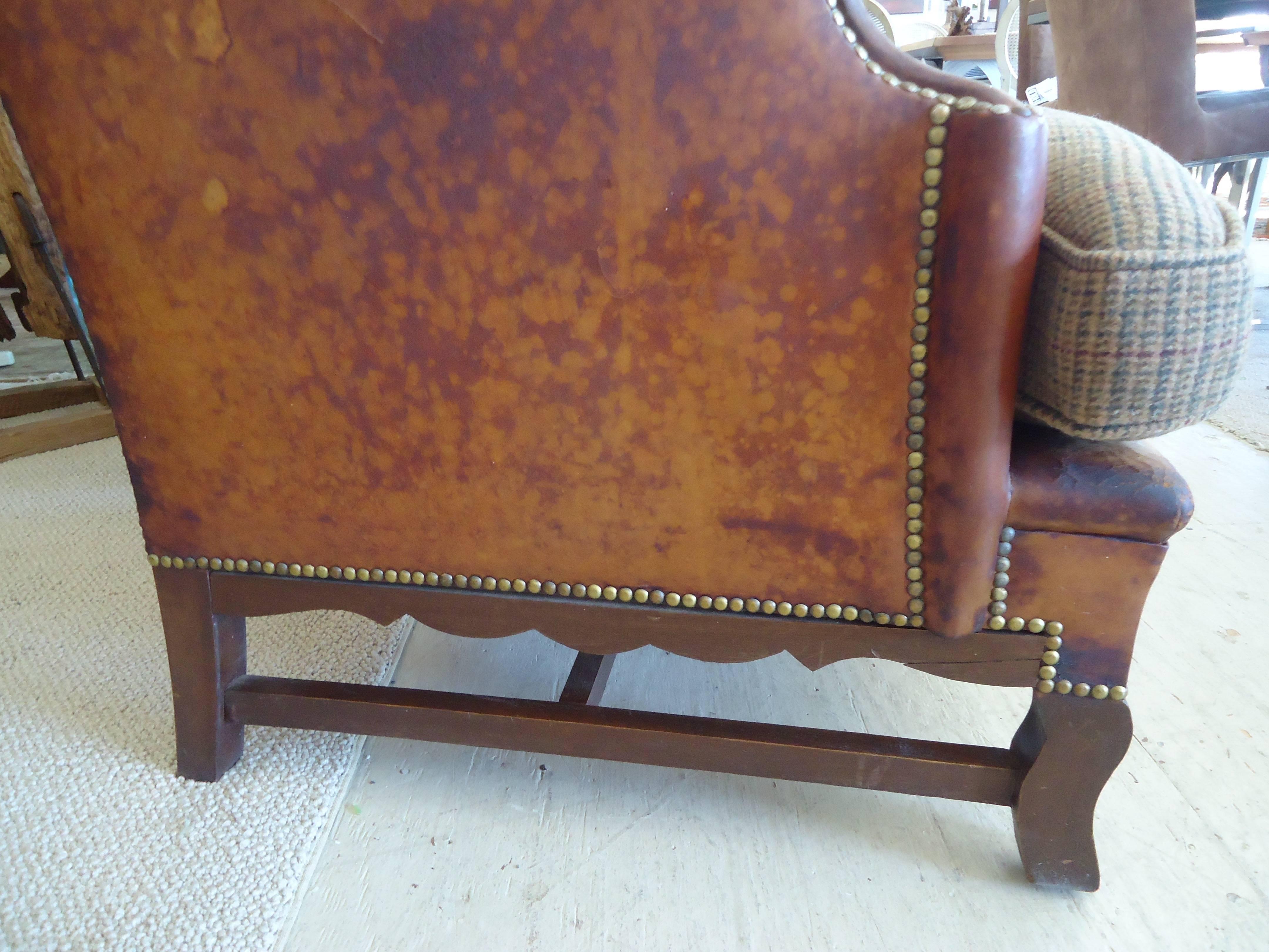 Much Loved Antique Leather Wing Chair with Upholstered Seat In Distressed Condition In Hopewell, NJ