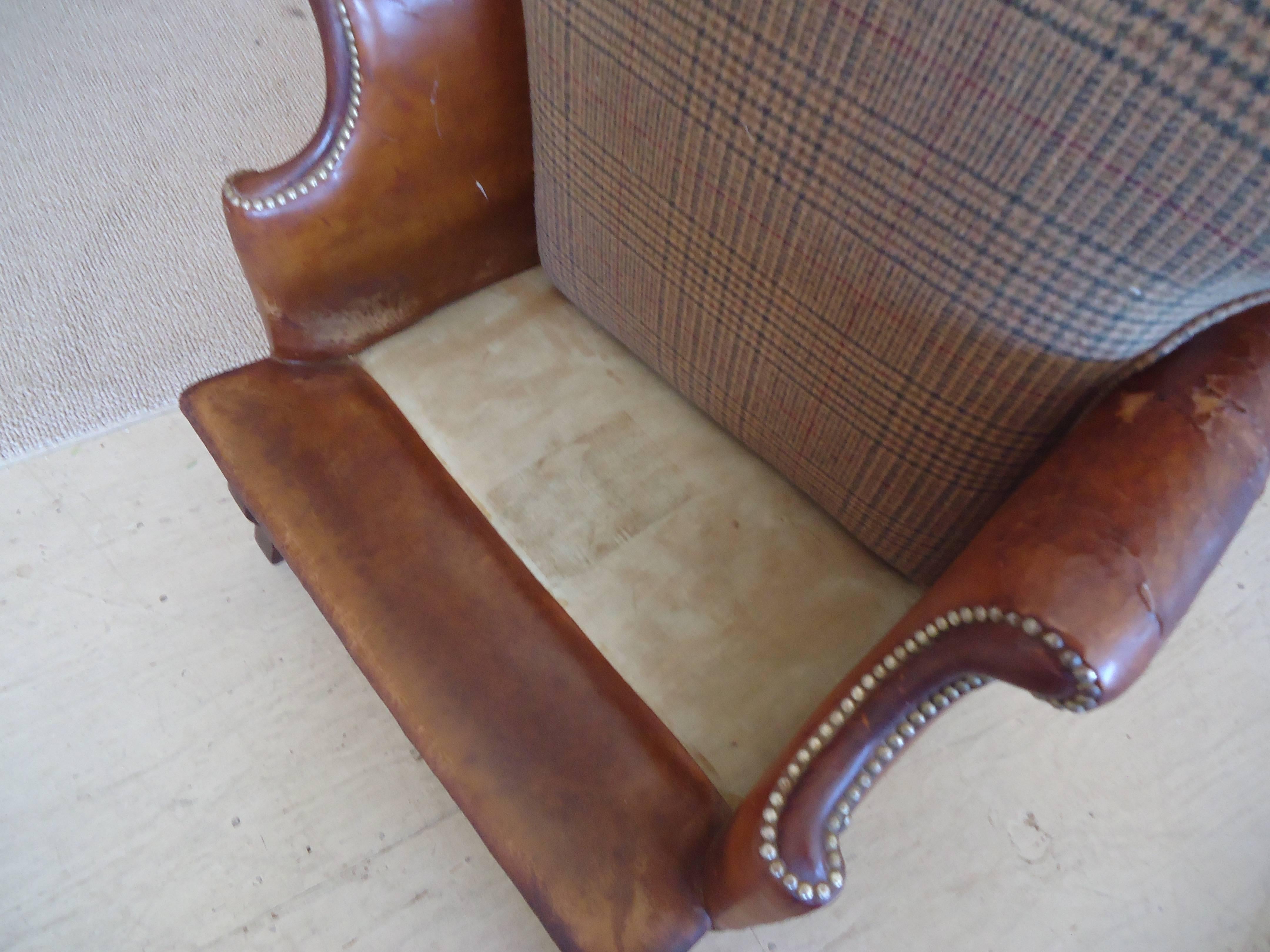 Much Loved Antique Leather Wing Chair with Upholstered Seat 4