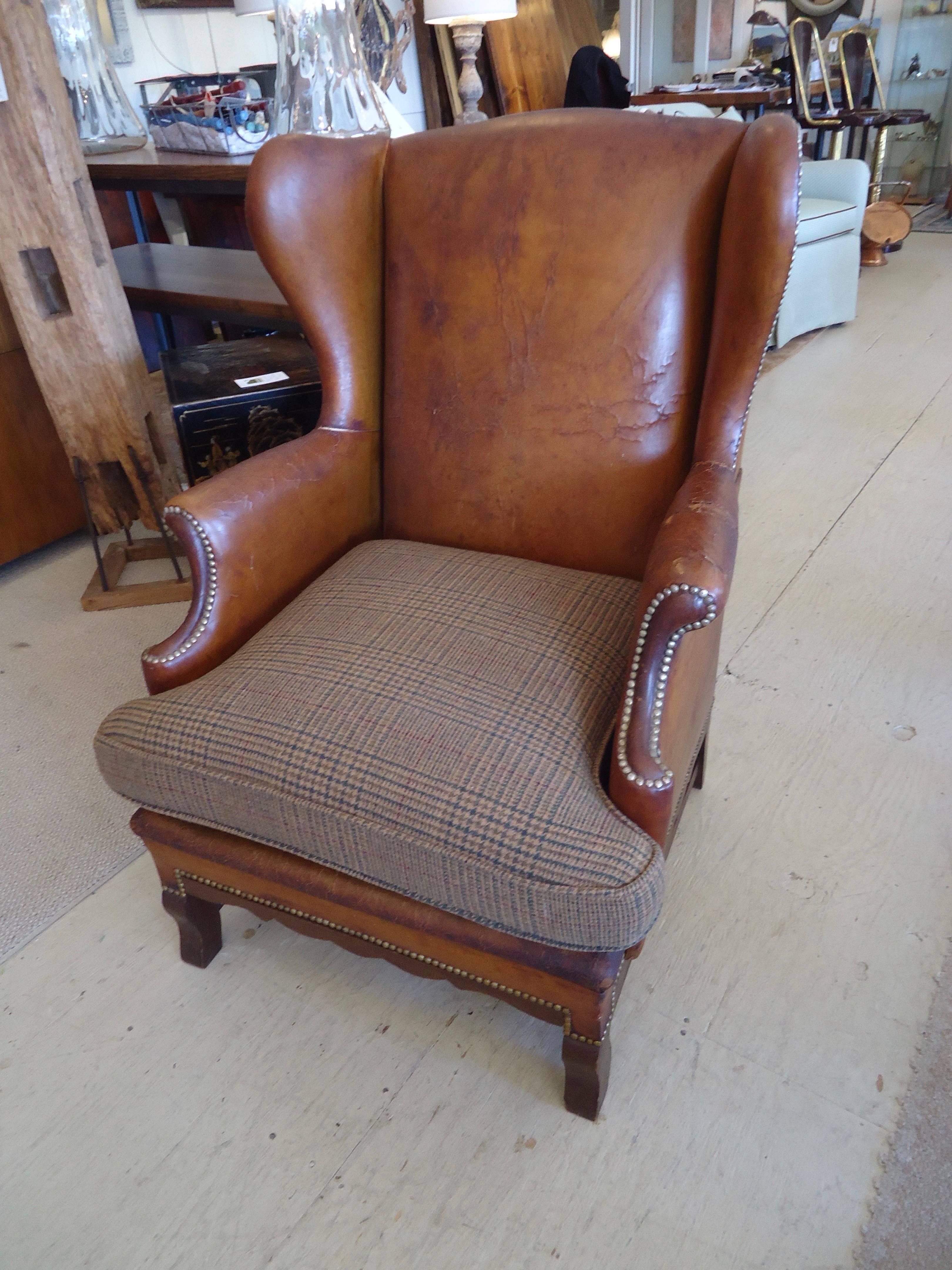 Much Loved Antique Leather Wing Chair with Upholstered Seat 3