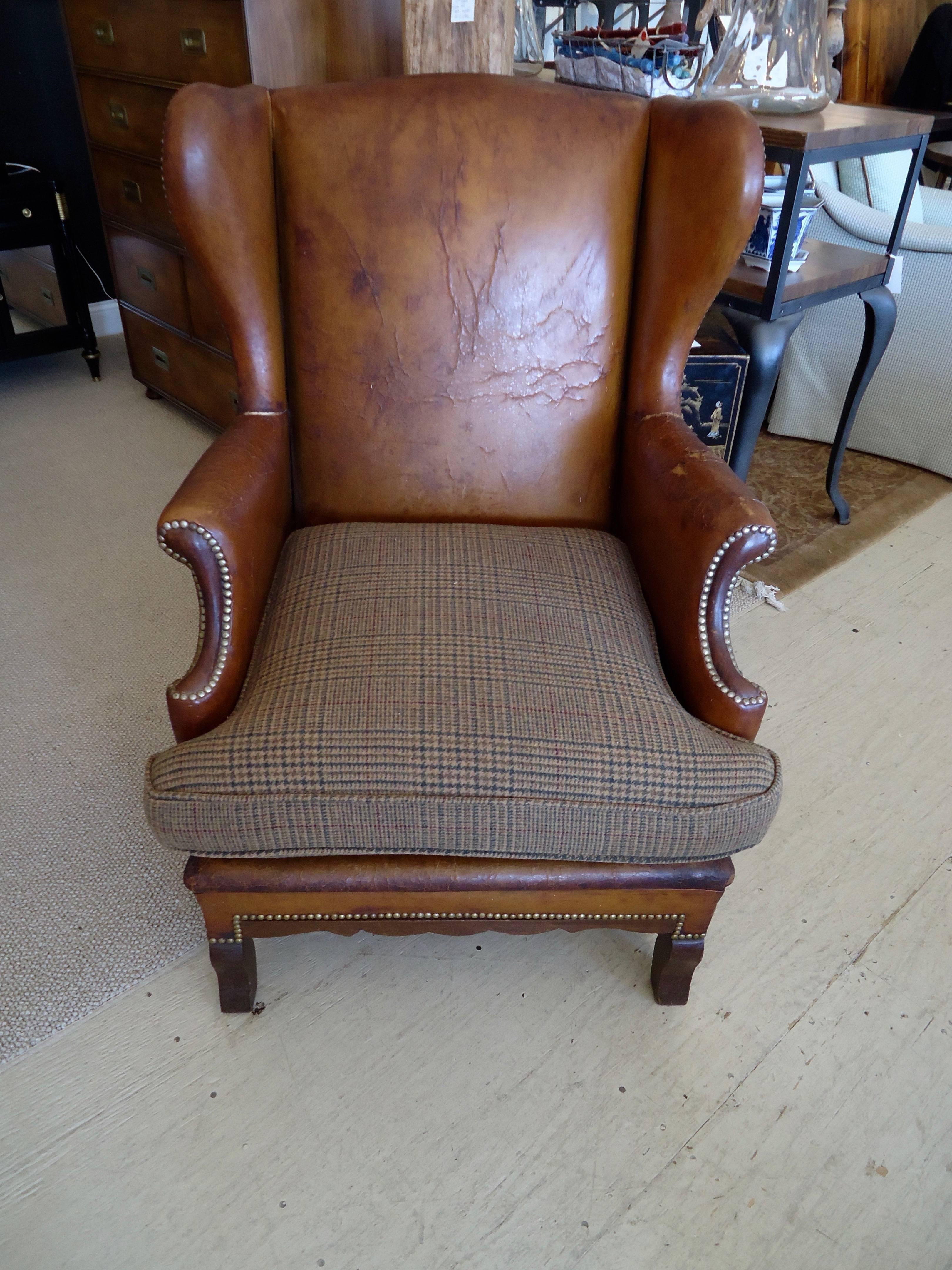 English Much Loved Antique Leather Wing Chair with Upholstered Seat
