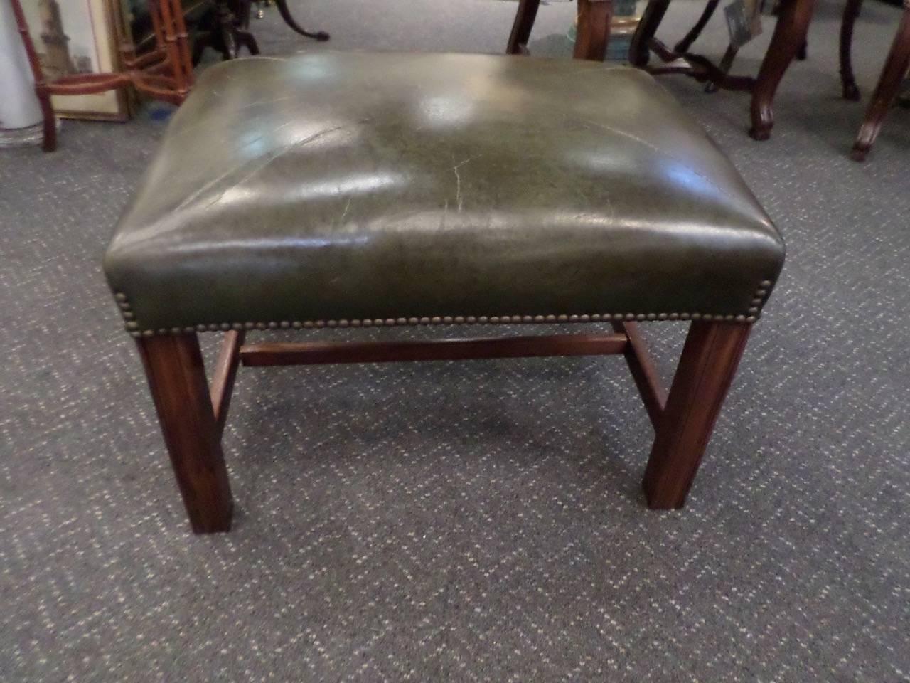 Green Leather Chippendale Style Wing Chair and Ottoman In Good Condition In Hopewell, NJ