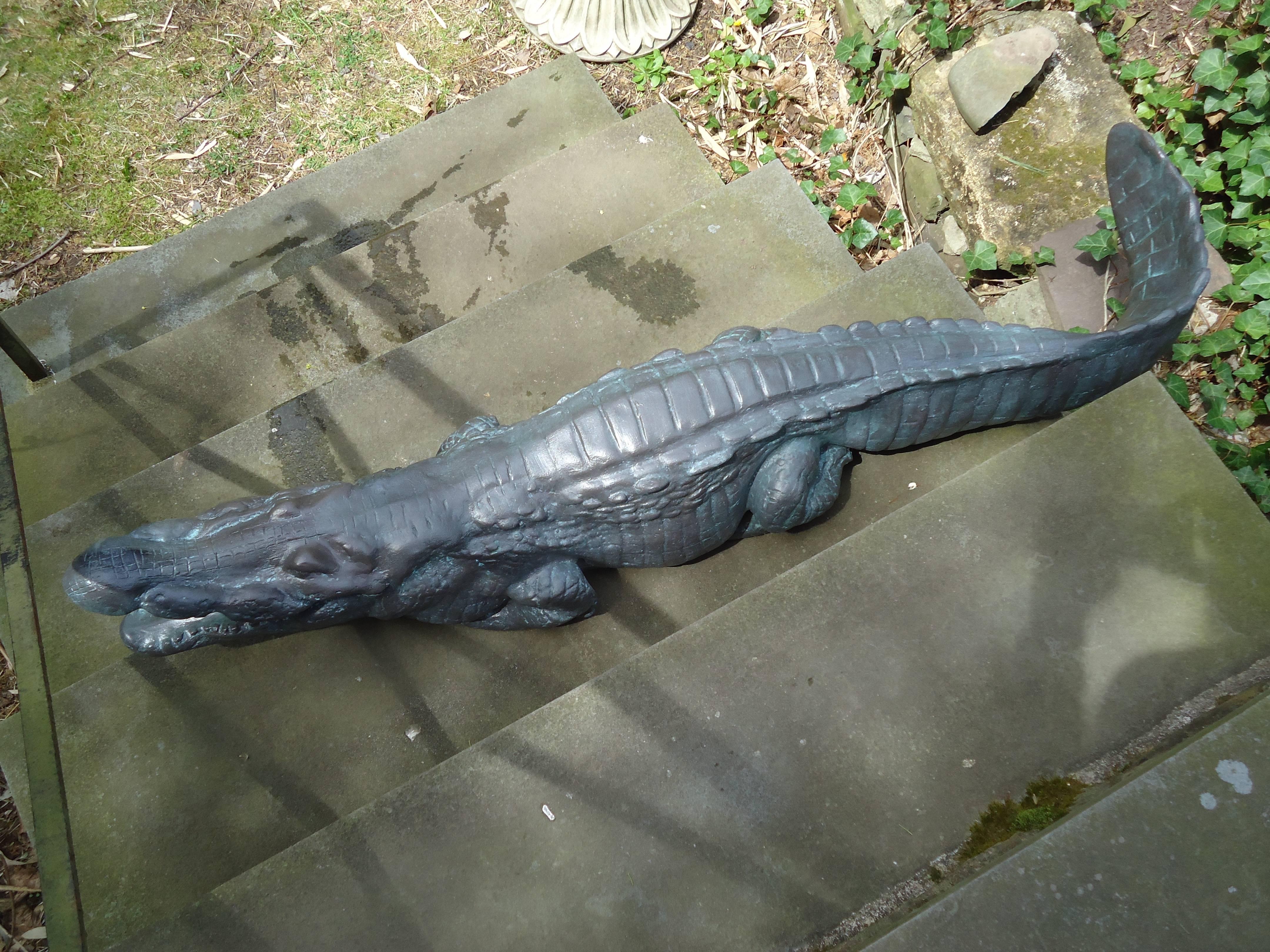 A fiberglass resin sculpture of an alligator hand cast from an original antique, having intricate details and a hand-painted faux bronze finish with verdigris. This high quality medium is impervious to weather, durable and maintenance free. It’s