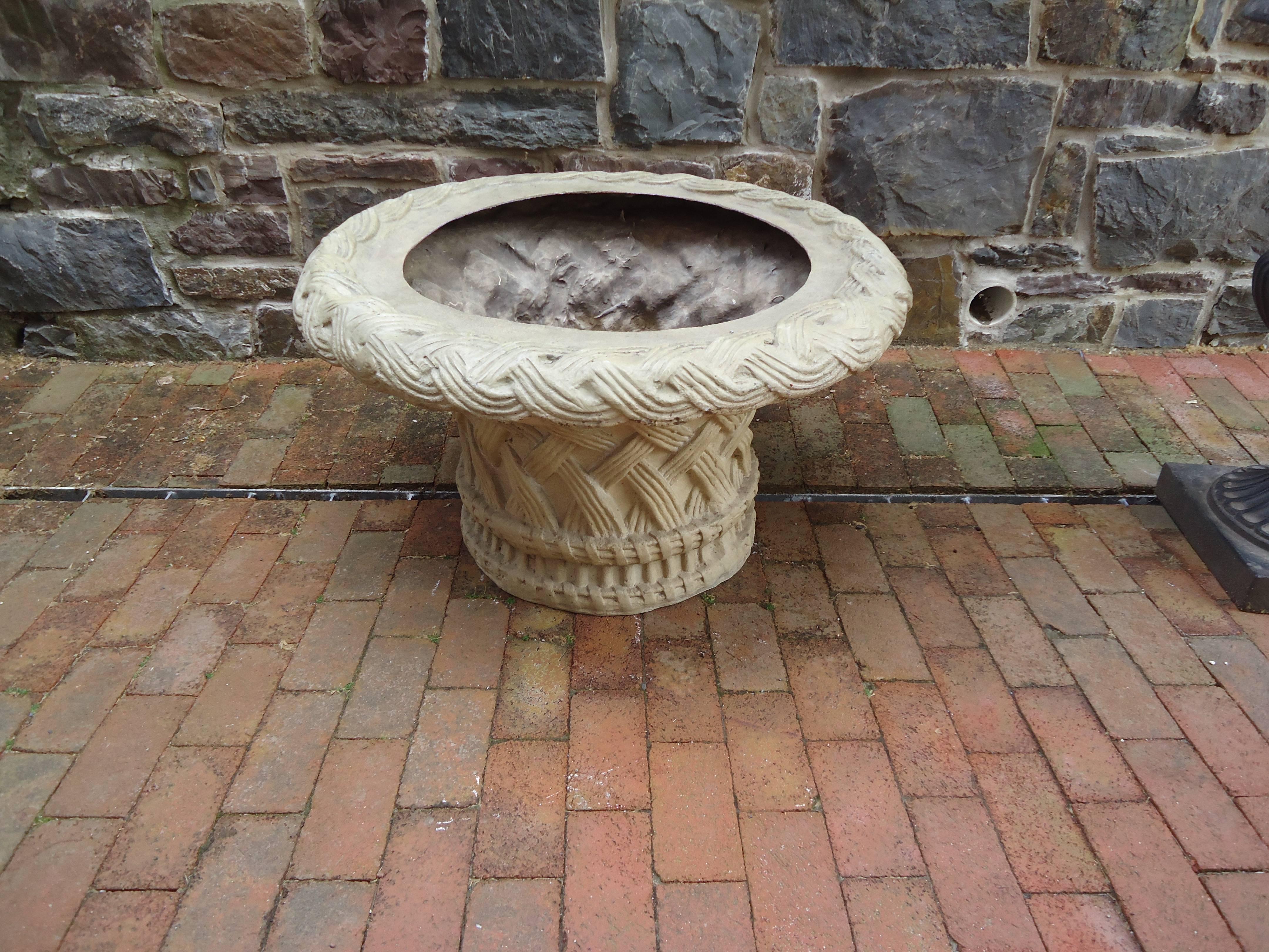 Large fiberglass resin basketweave motiffe planter or coffee table base, hand cast with a latex mold from an original antique planter, having intricate detail and a hand-painted faux limestone finish. This high quality medium is impervious to