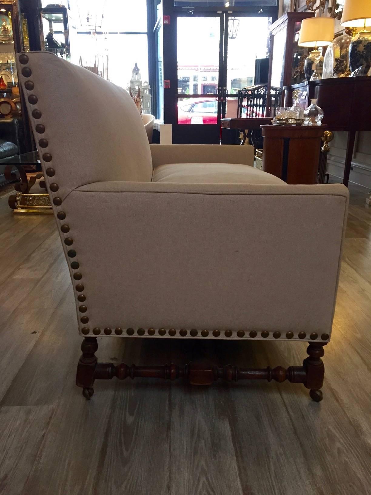 Tailored English Linen Loveseat with Turned Mahogany Frame on Casters In Excellent Condition In Hopewell, NJ