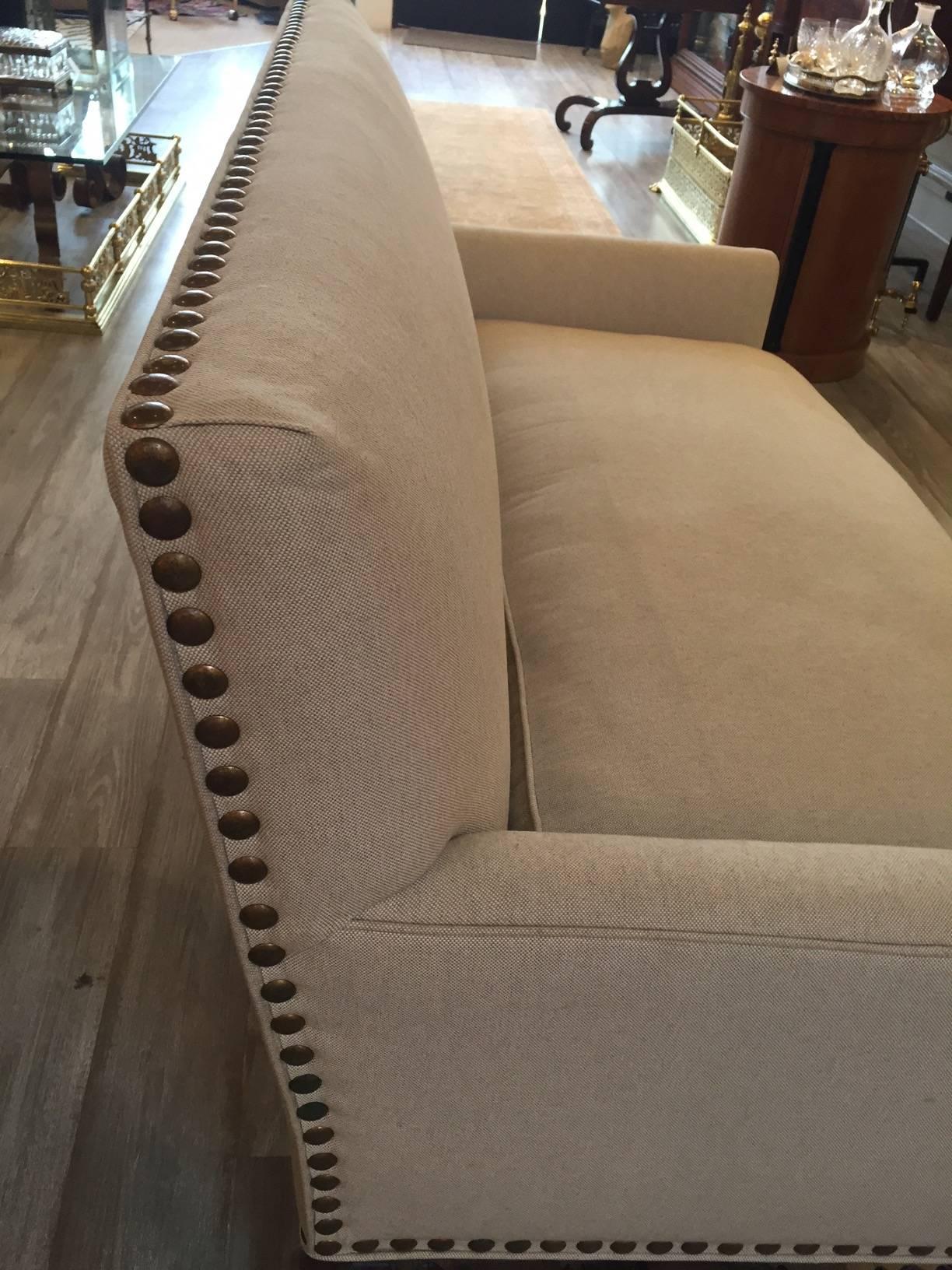 Tailored English Linen Loveseat with Turned Mahogany Frame on Casters 2