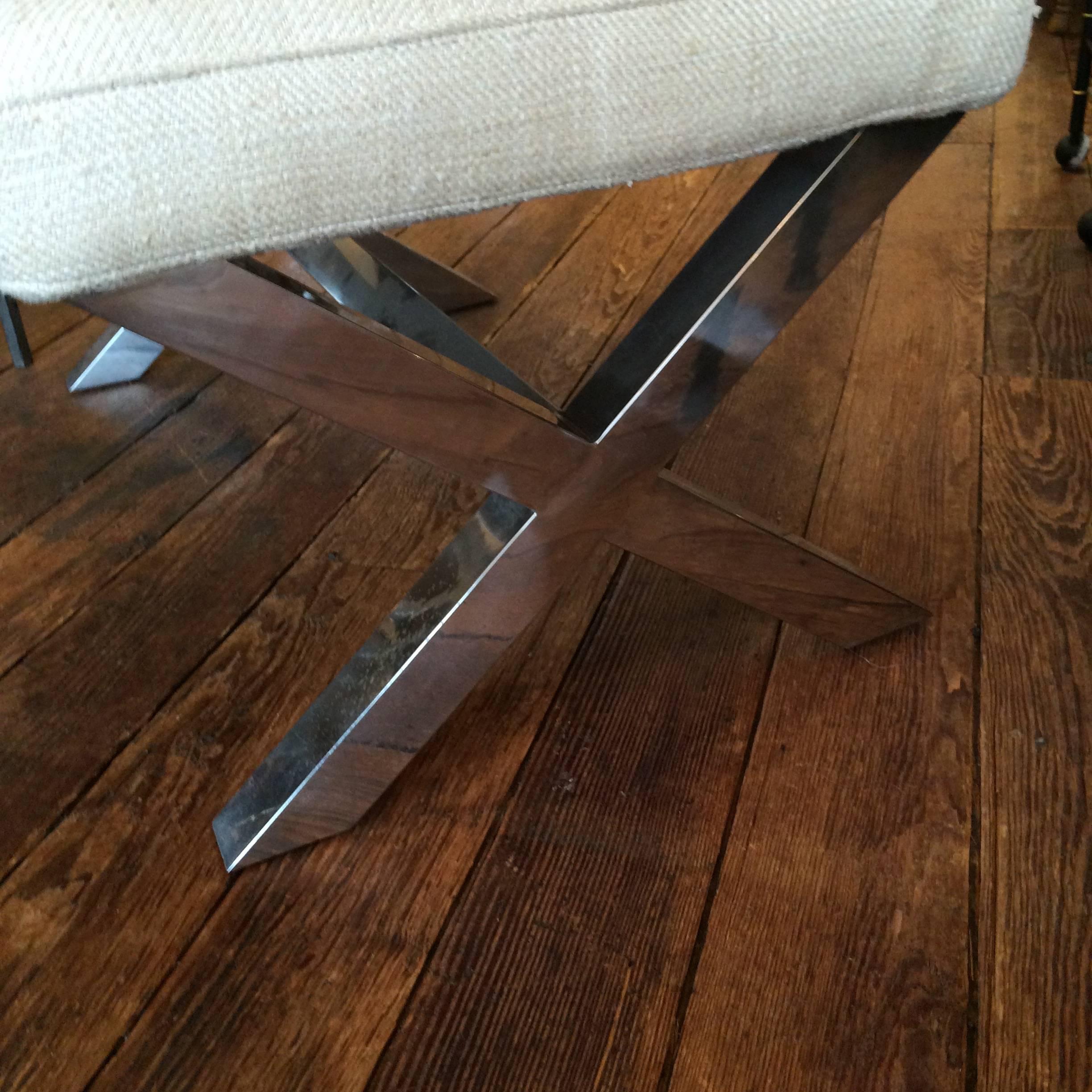 Mid-Century Modern Handsome Mid-Century Chrome X Stretcher and Linen Bench Coffee Table